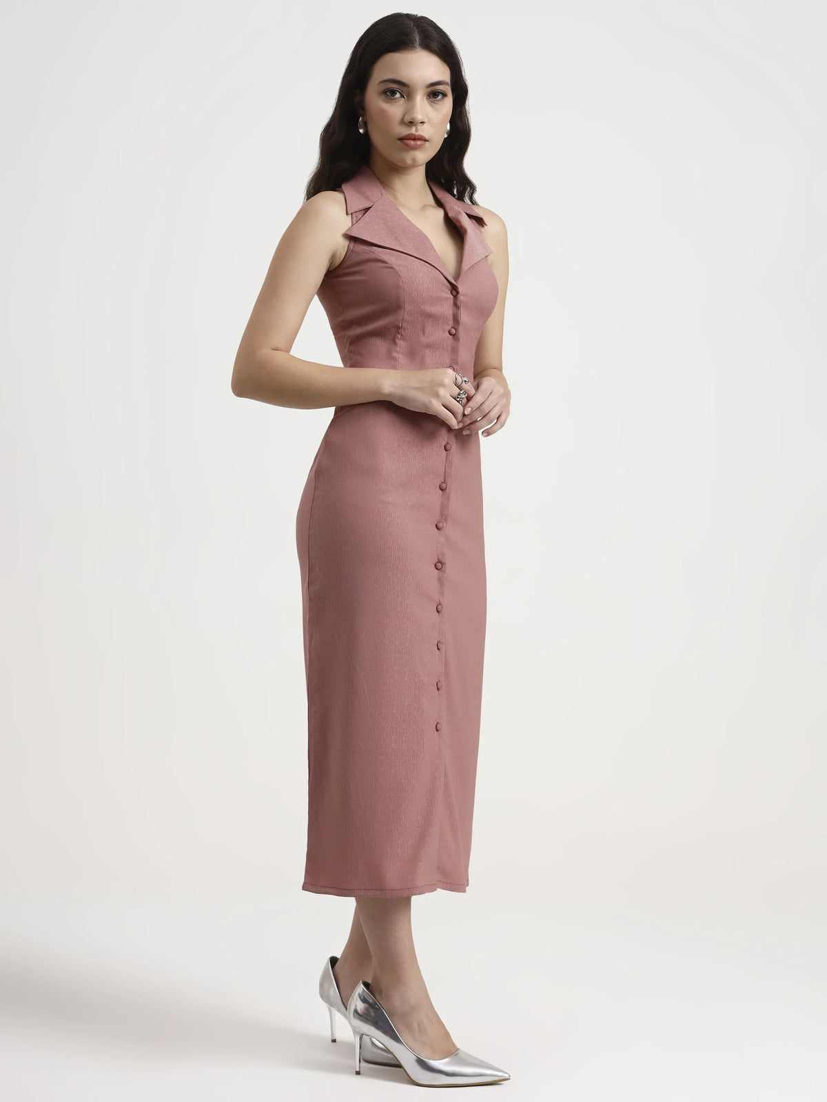 Tailored Button-Down Midi Dress - Pale Rose