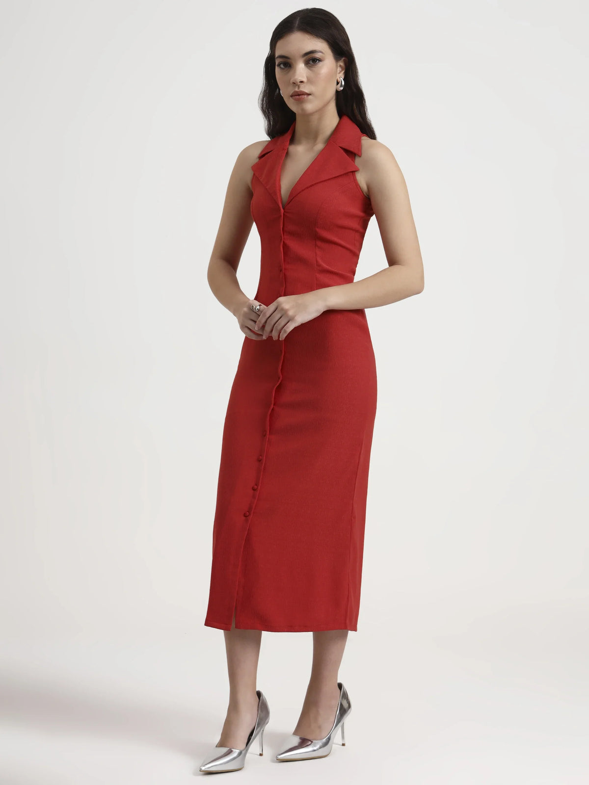 Tailored Button-Down Midi Dress - Coral Red
