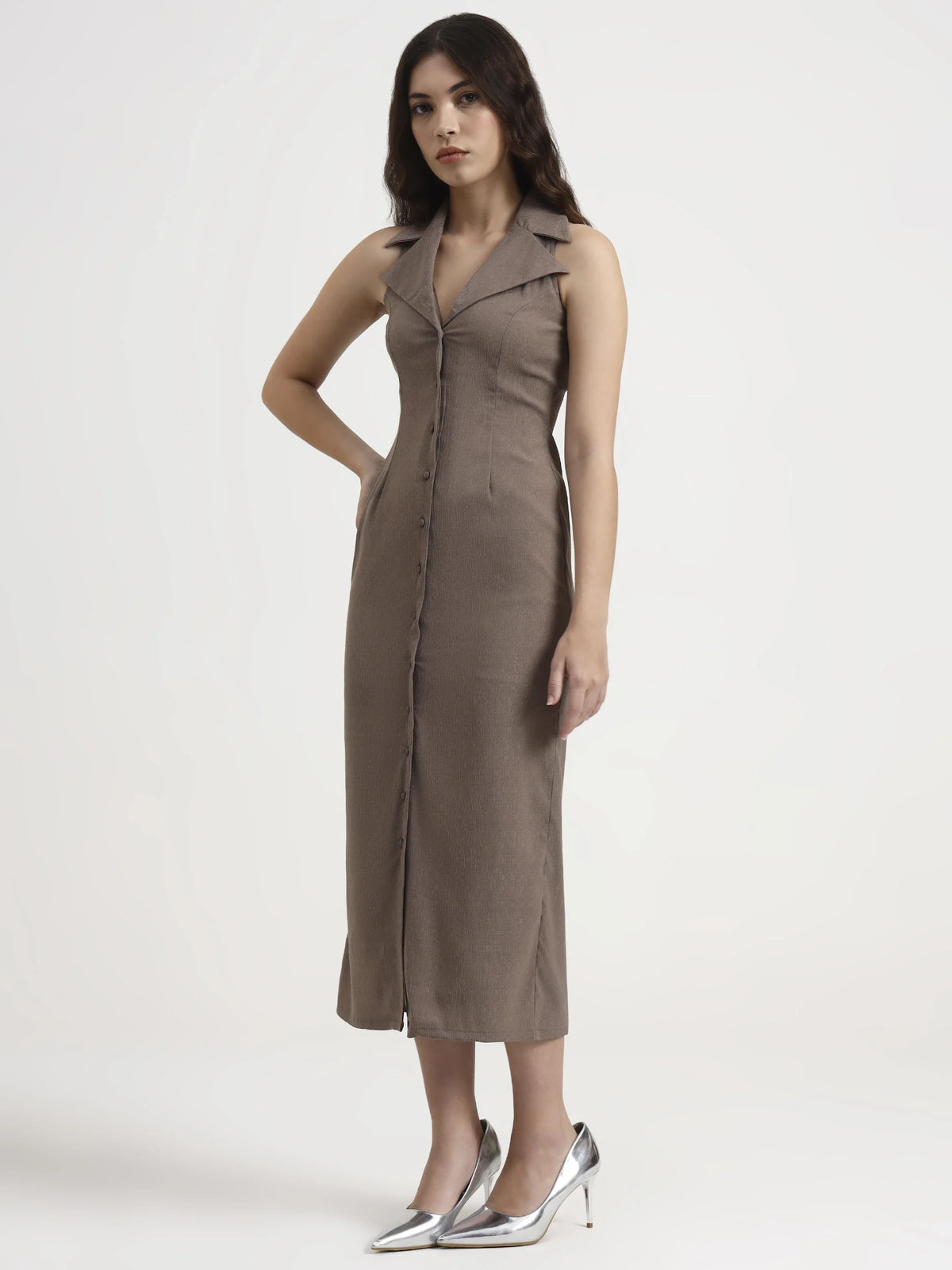 Tailored Button-Down Midi Dress - Taupe