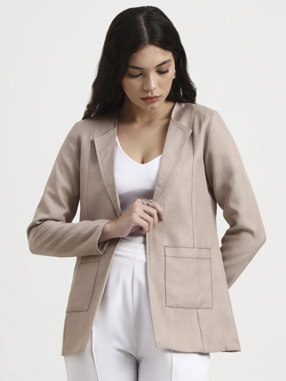Embroidered Structured Blazer - Warm Beige