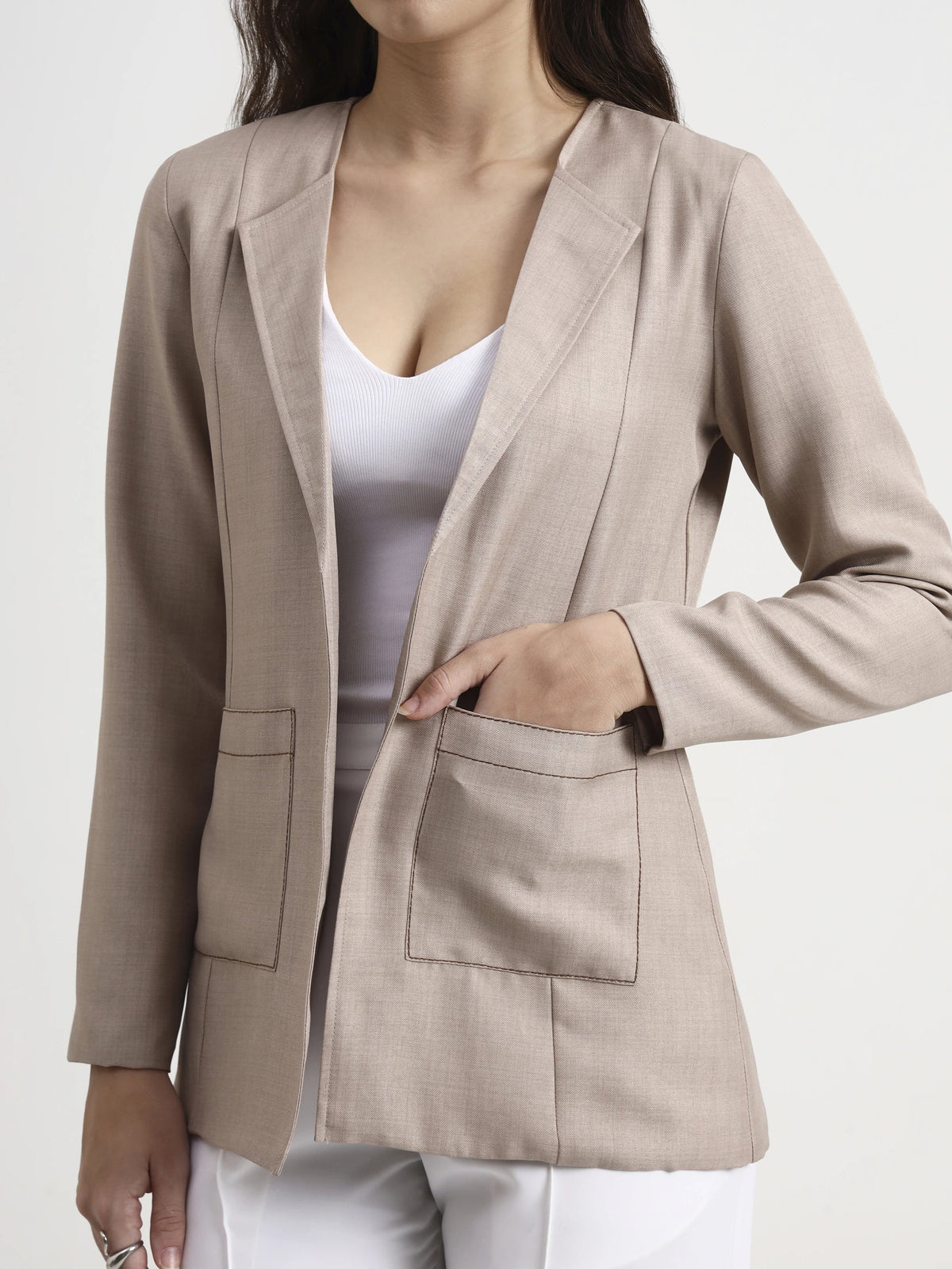 Embroidered Structured Blazer - Warm Beige