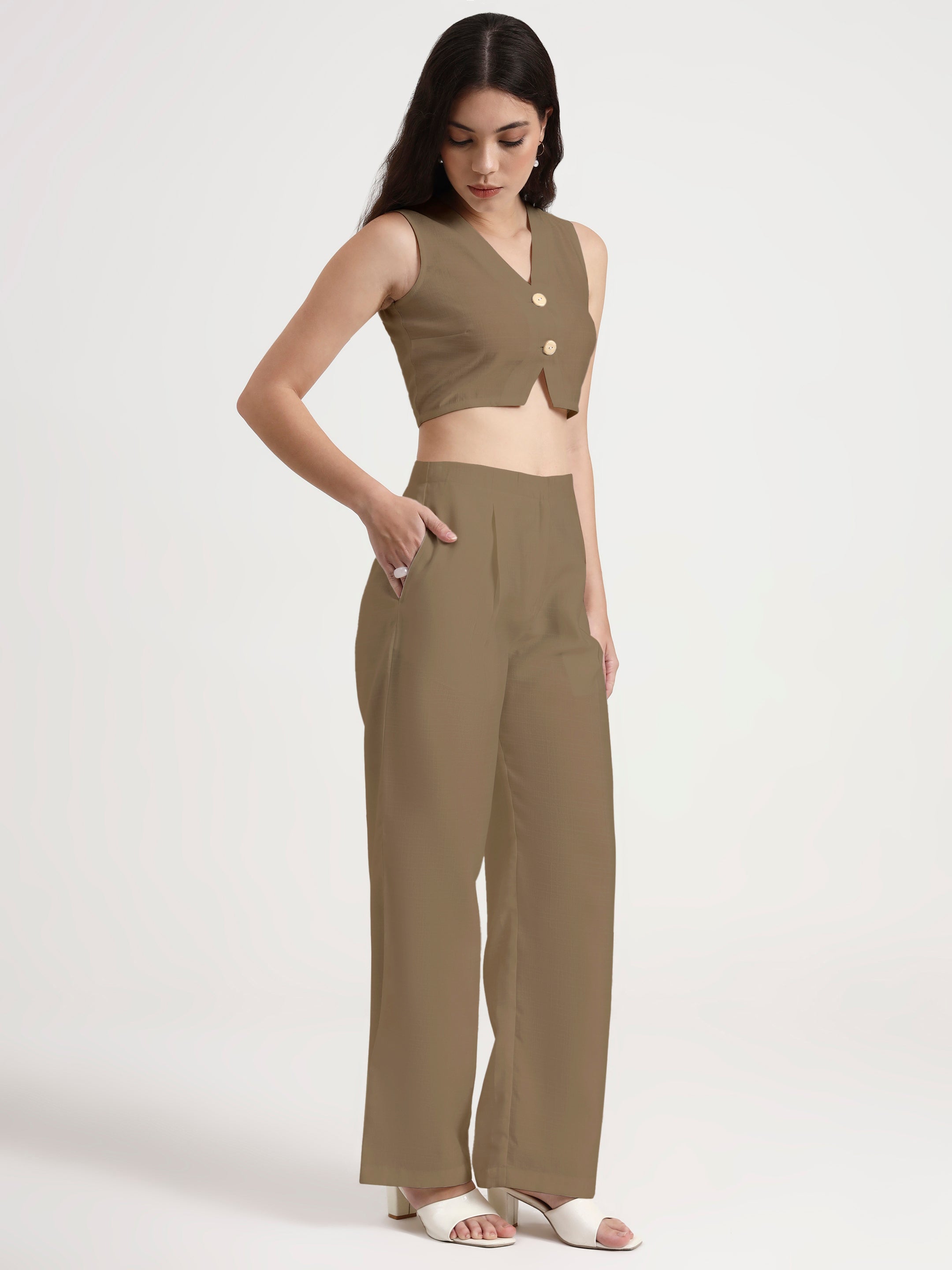 Pleated Trouser Waistcoat Co-ord - Khaki Brown 2.0