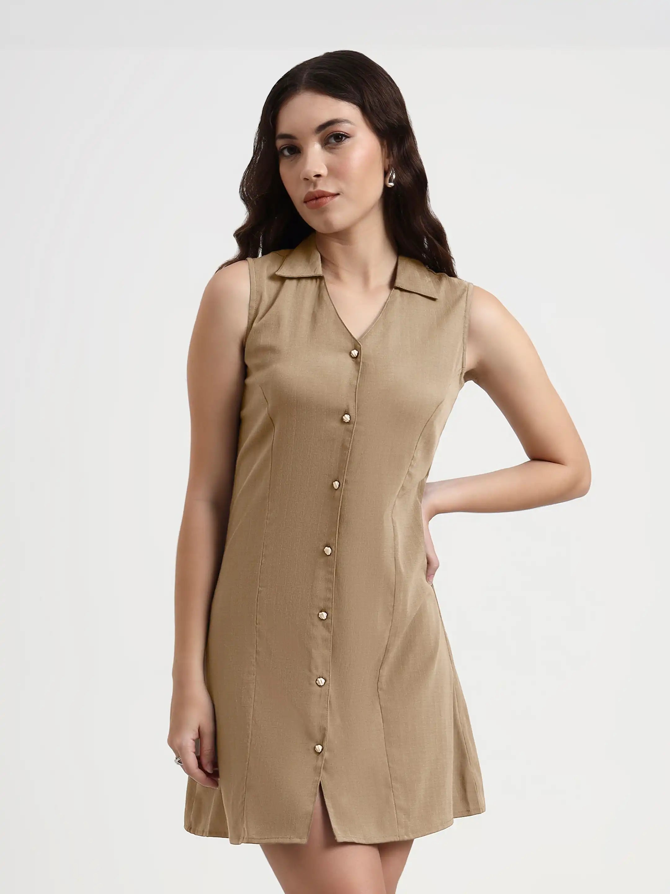 Structured Collared Dress - Beige
