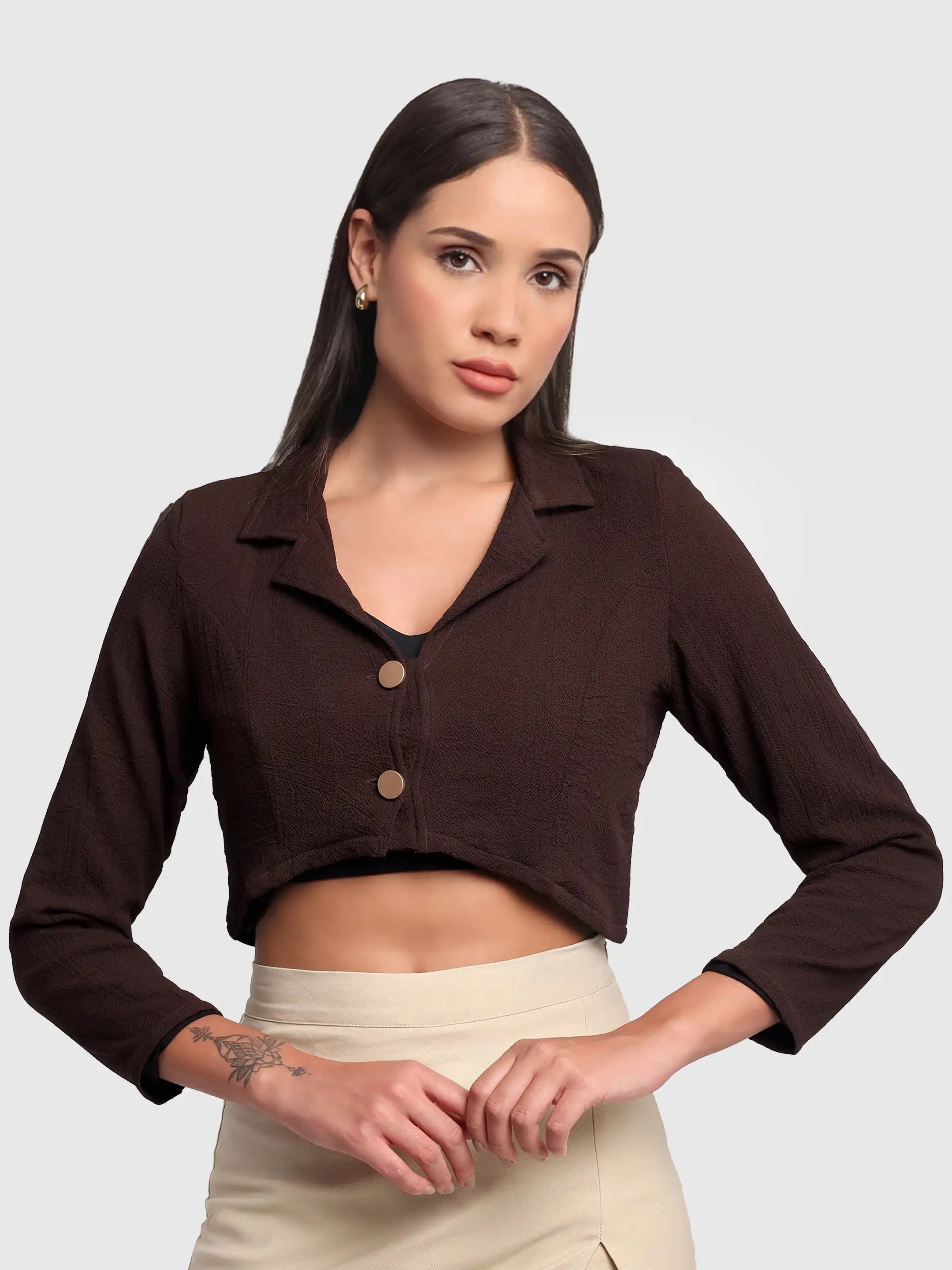 Curved Hem Crop Blazer - Chocolate Brown