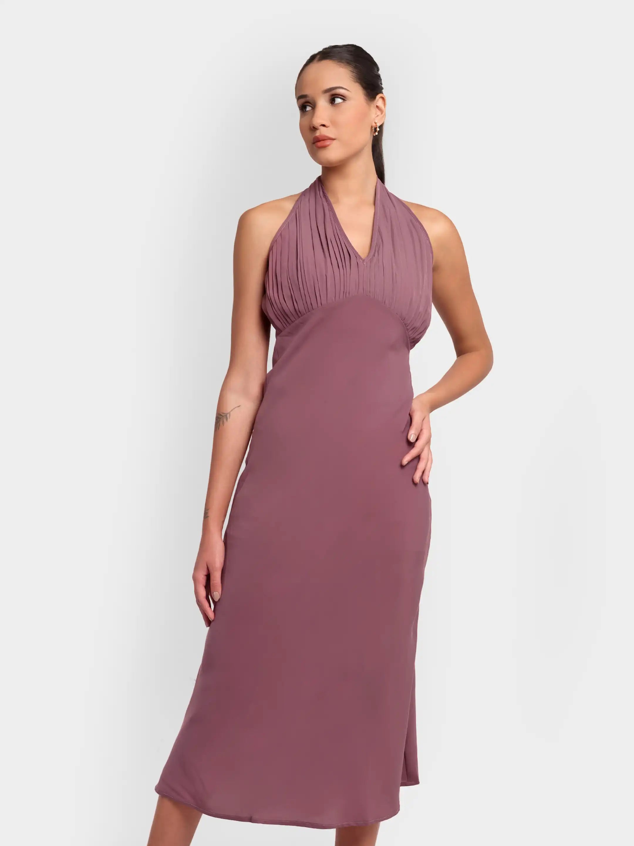 Long Pleated Halter Dress - Mauve
