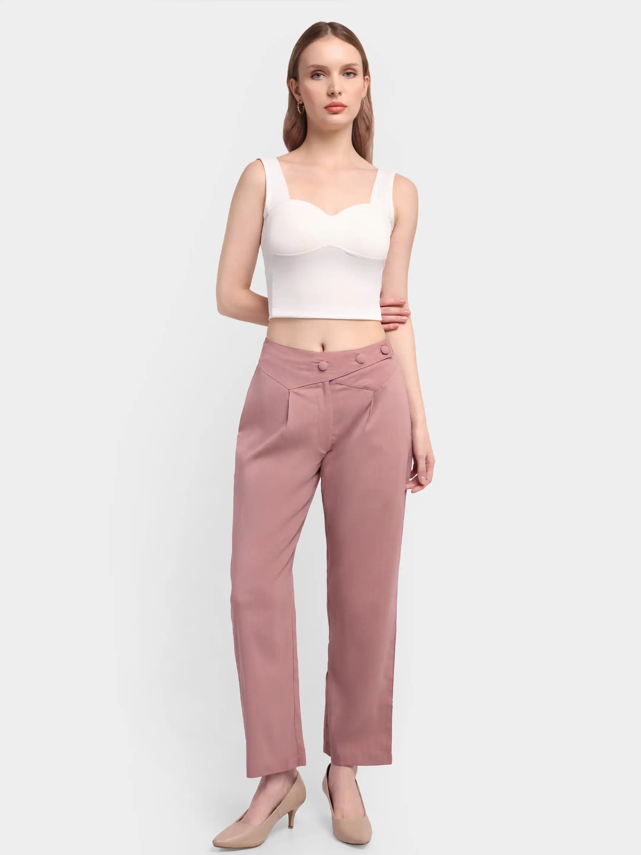 Belted Overlap Trousers - Pastel Pink