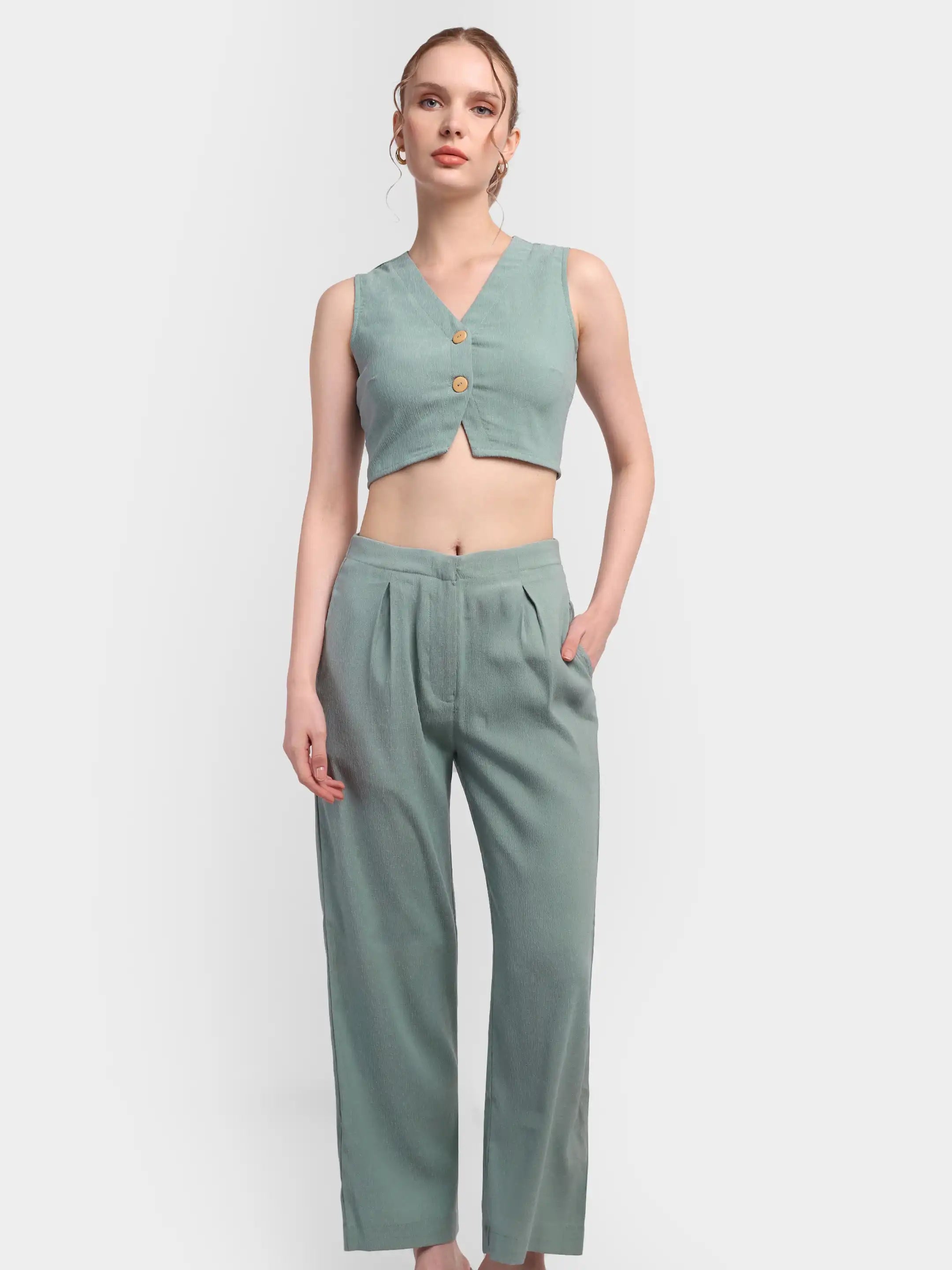 Pleated Trouser Waistcoat Co-ord - Sage Green