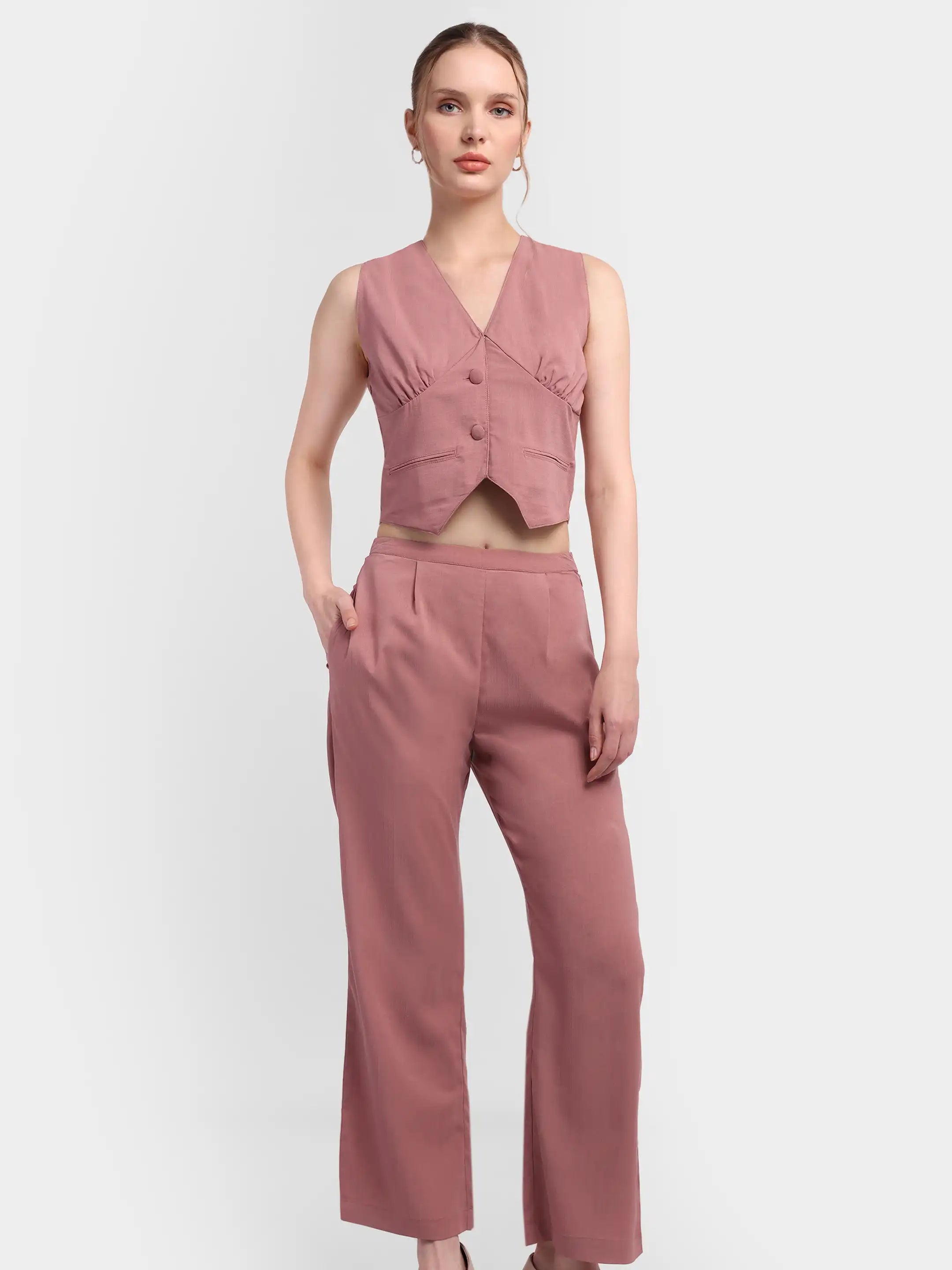Pleated Waistcoat Set - Pink