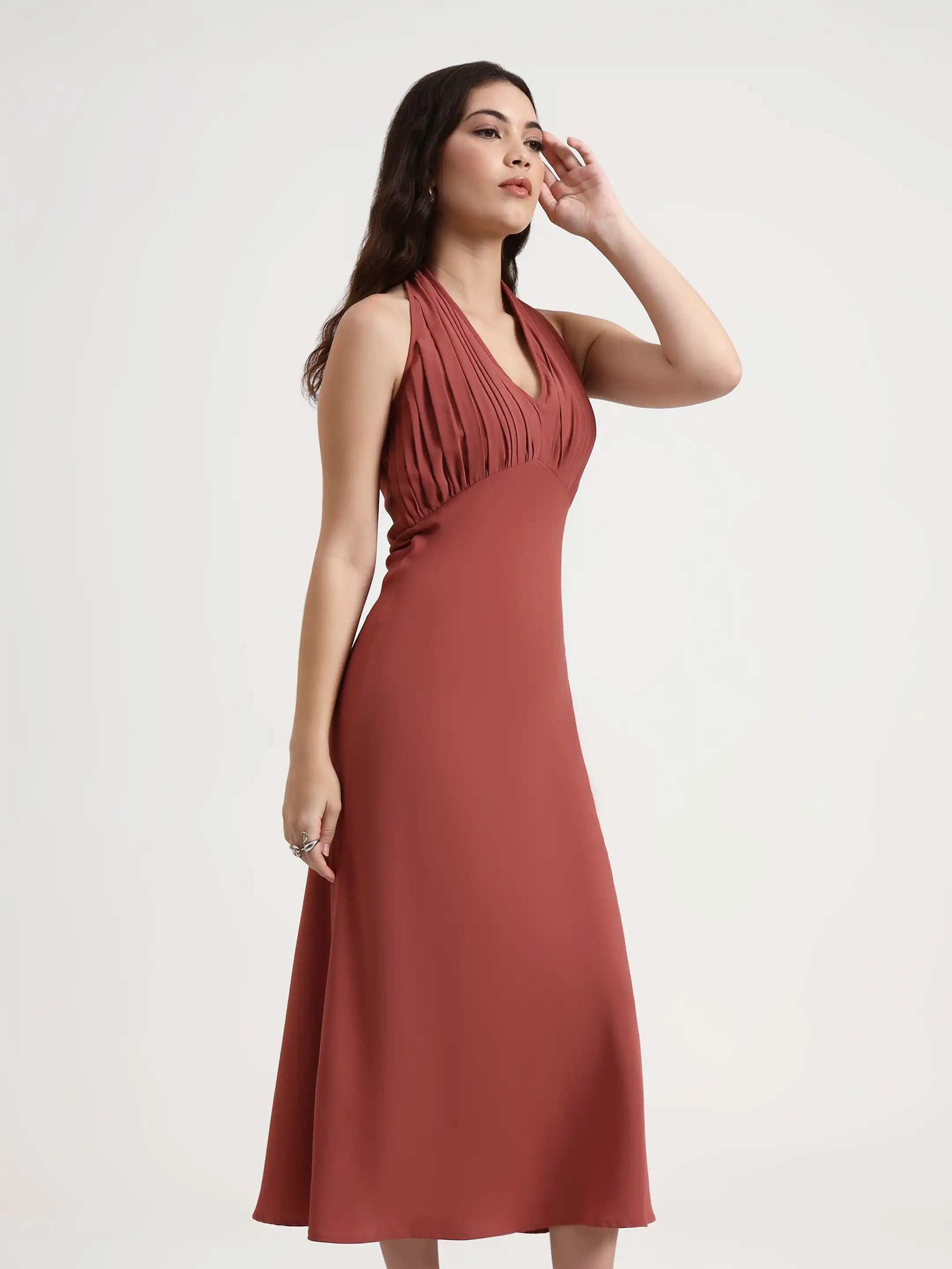 Long Pleated Halter Dress - Crimson Red