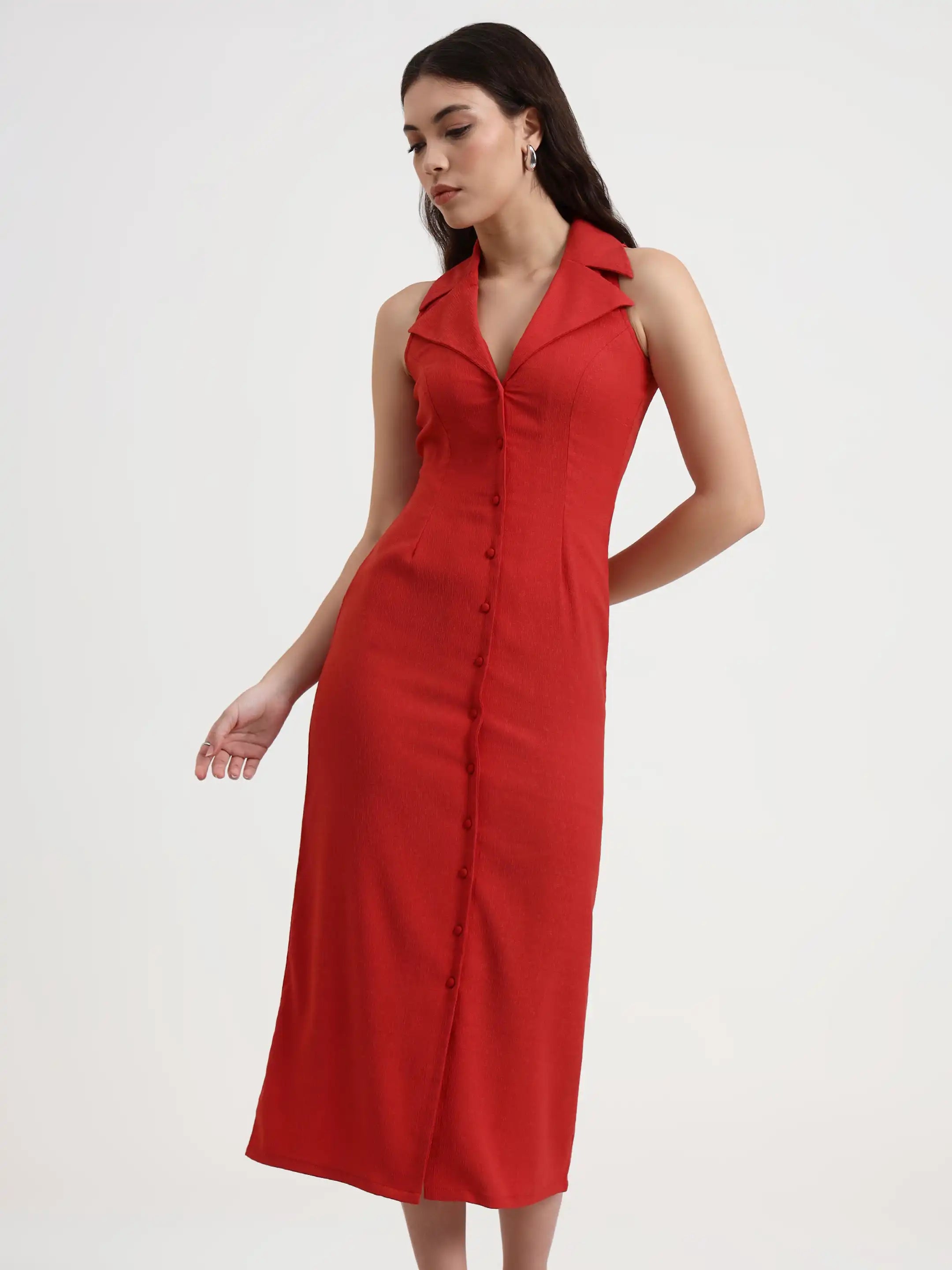 Tailored Button-Down Midi Dress - Coral Red 2.0
