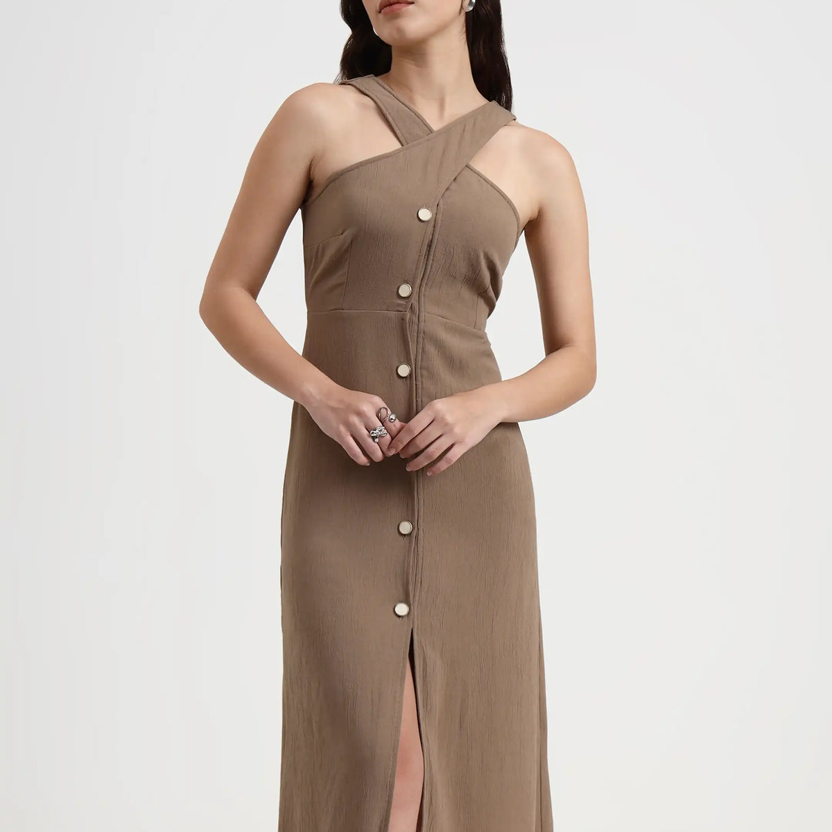 Slit Halter Shirt Dress - Mocha Brown