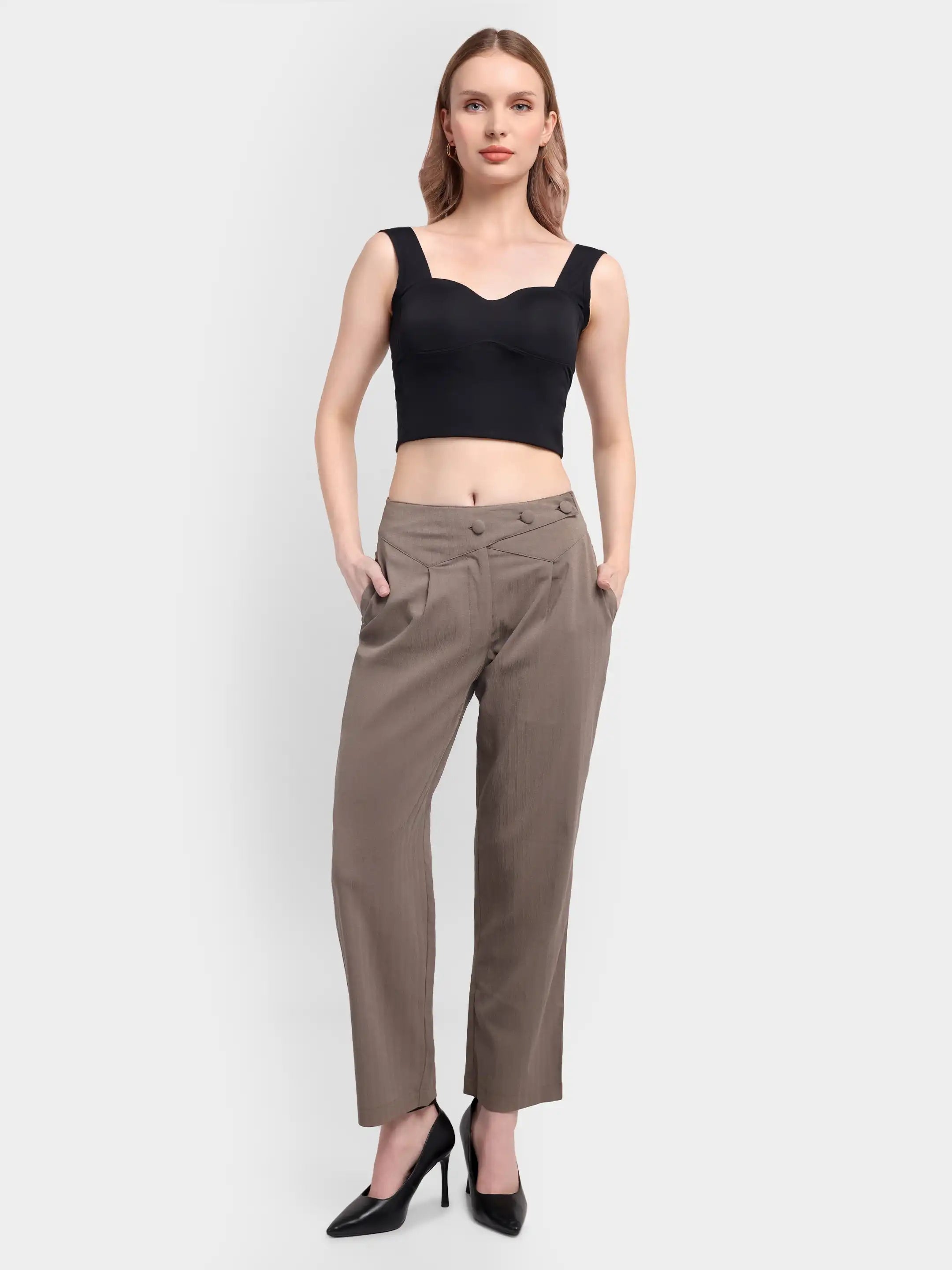 Belted Overlap Trousers - Pastel Brown