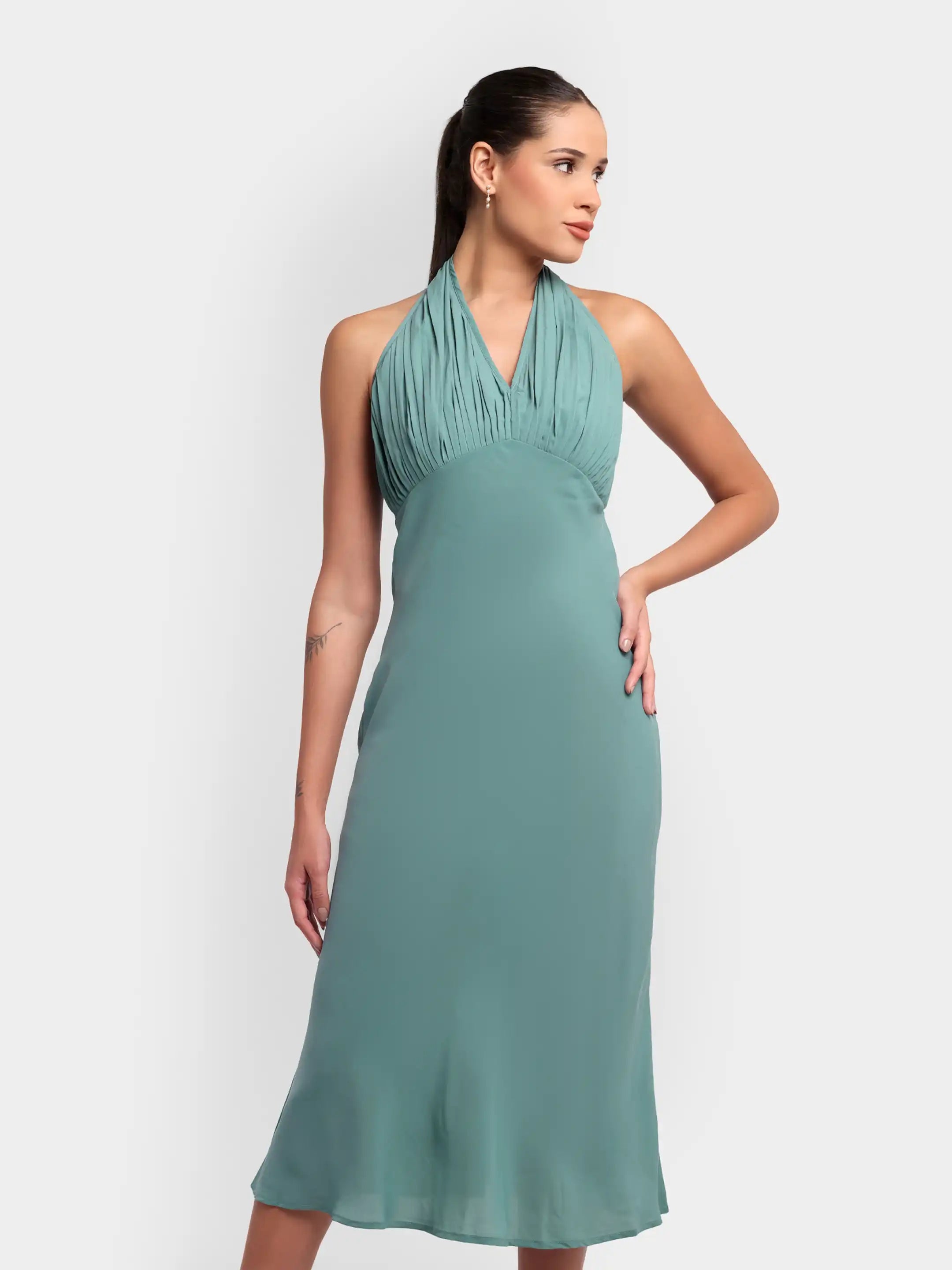 Long Pleated Halter Dress - Sage Green
