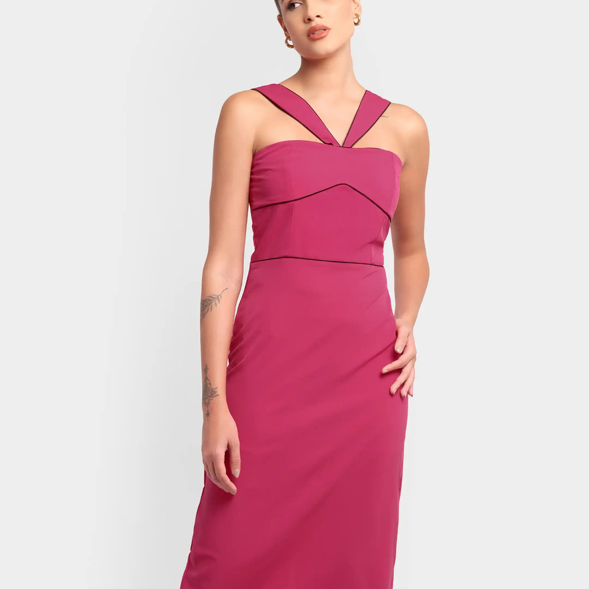 pink cross neck dress Hot Pink Tight Long V Neckline Dress With Halter Neck And Open Back