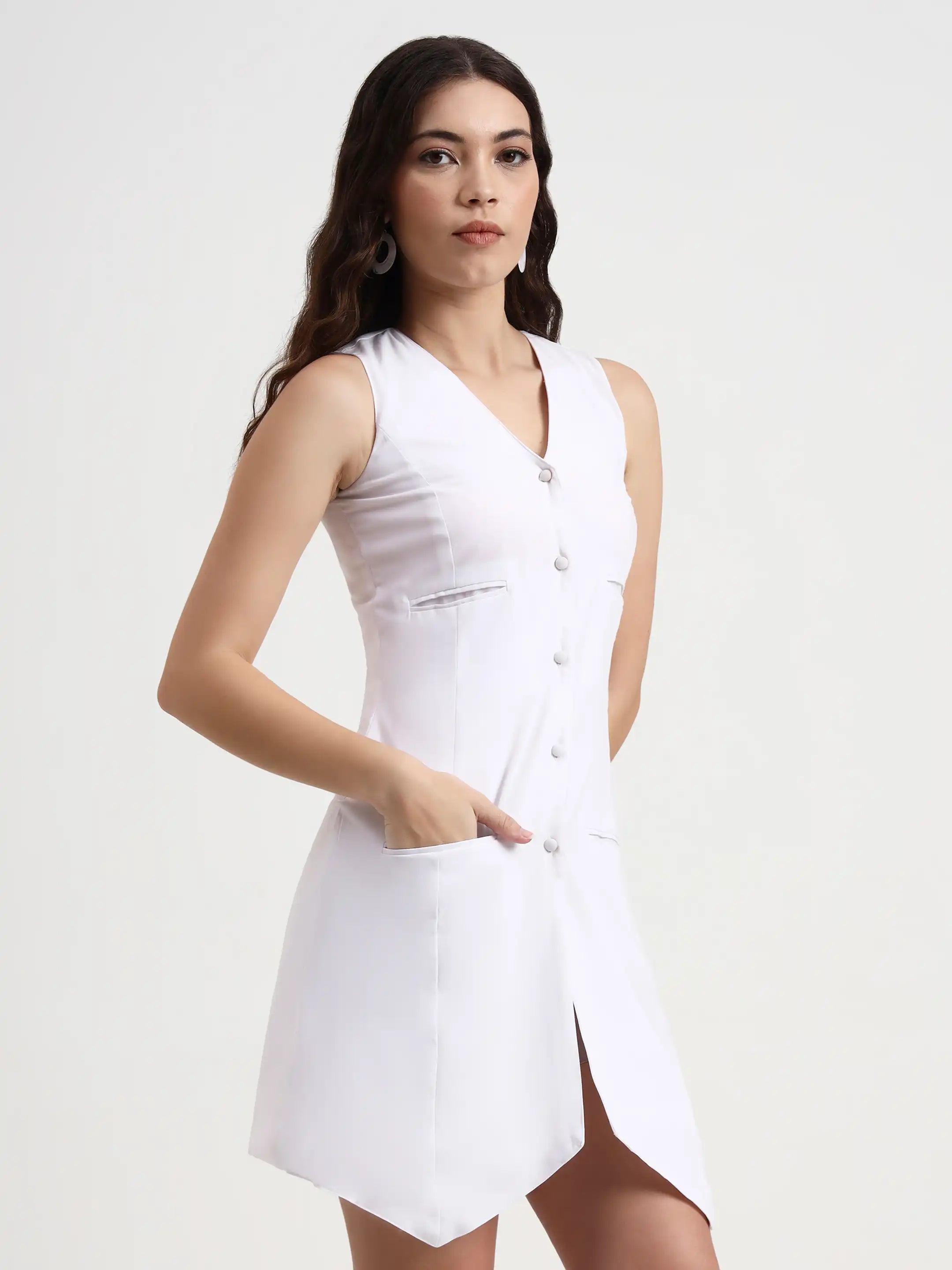 Asymmetric Button Mini Dress - White