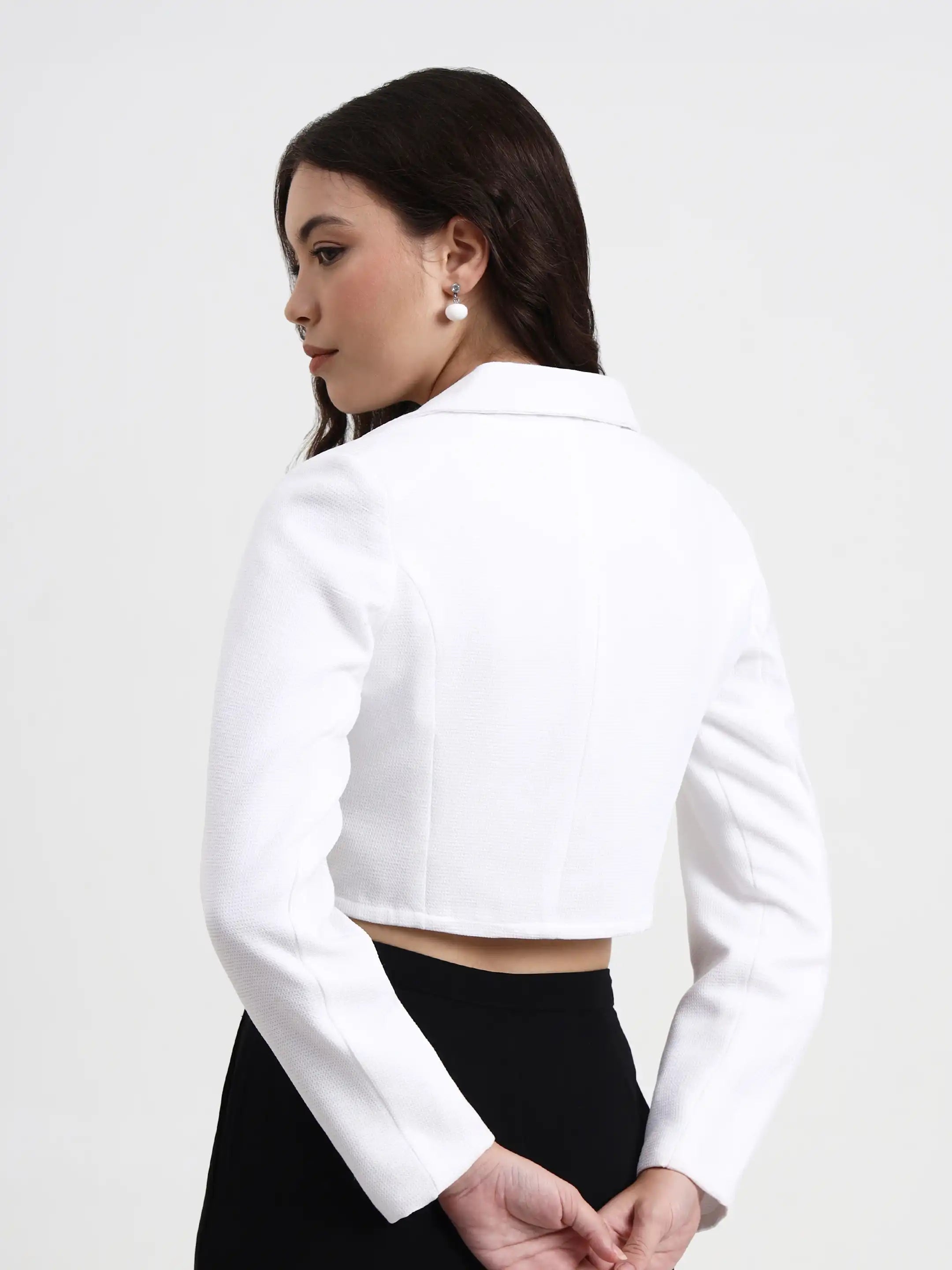 Curved Hem Crop Blazer - White