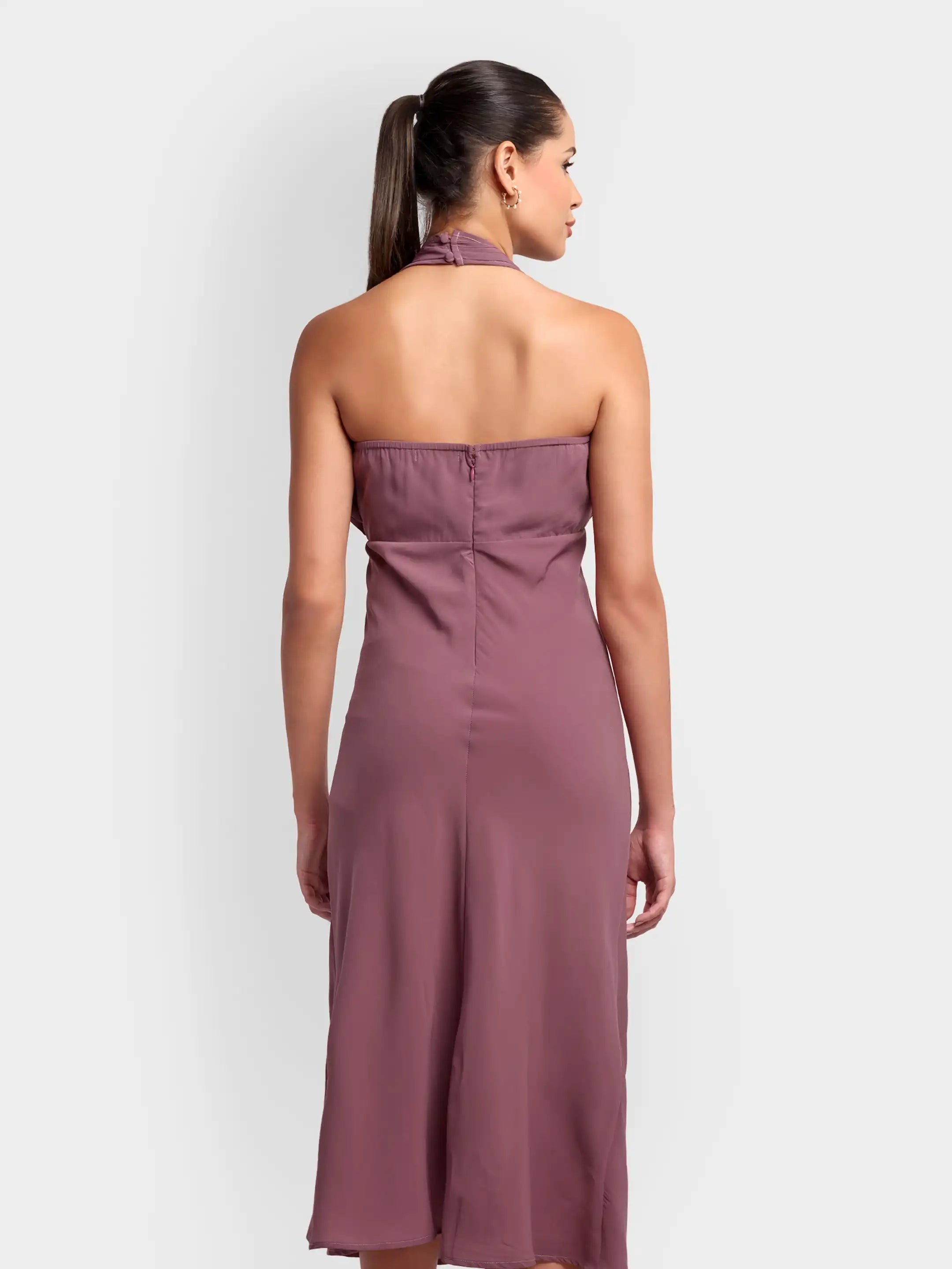 Long Pleated Halter Dress - Mauve