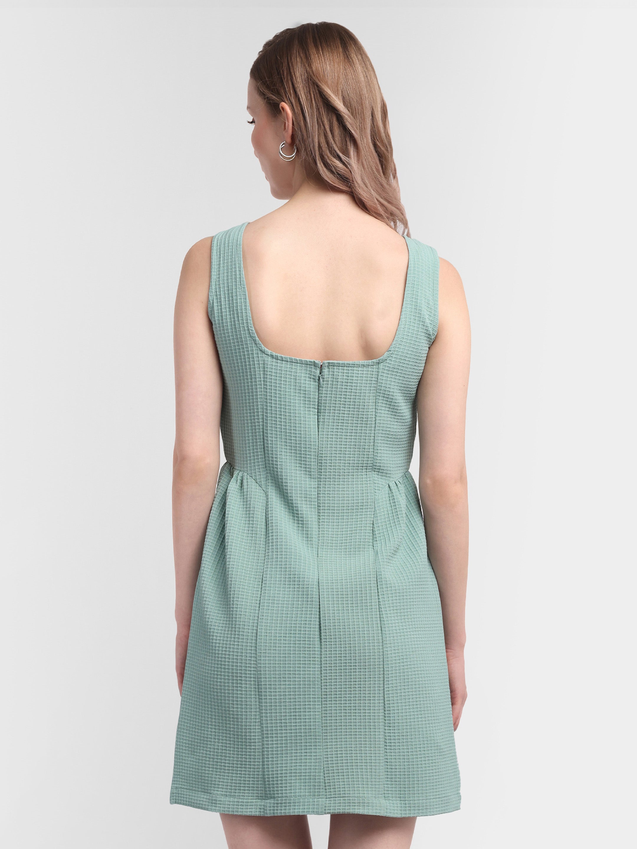 Checked Gathered-Waist Dress - Pastel Green