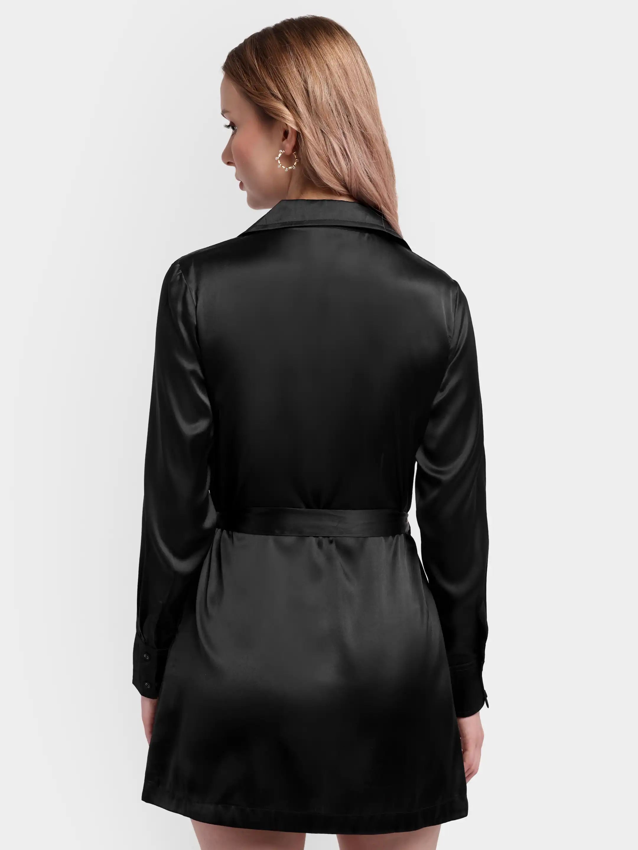 Pleat-Cuff Satin Dress - Black Pleat-Cuff Satin Dress - Black