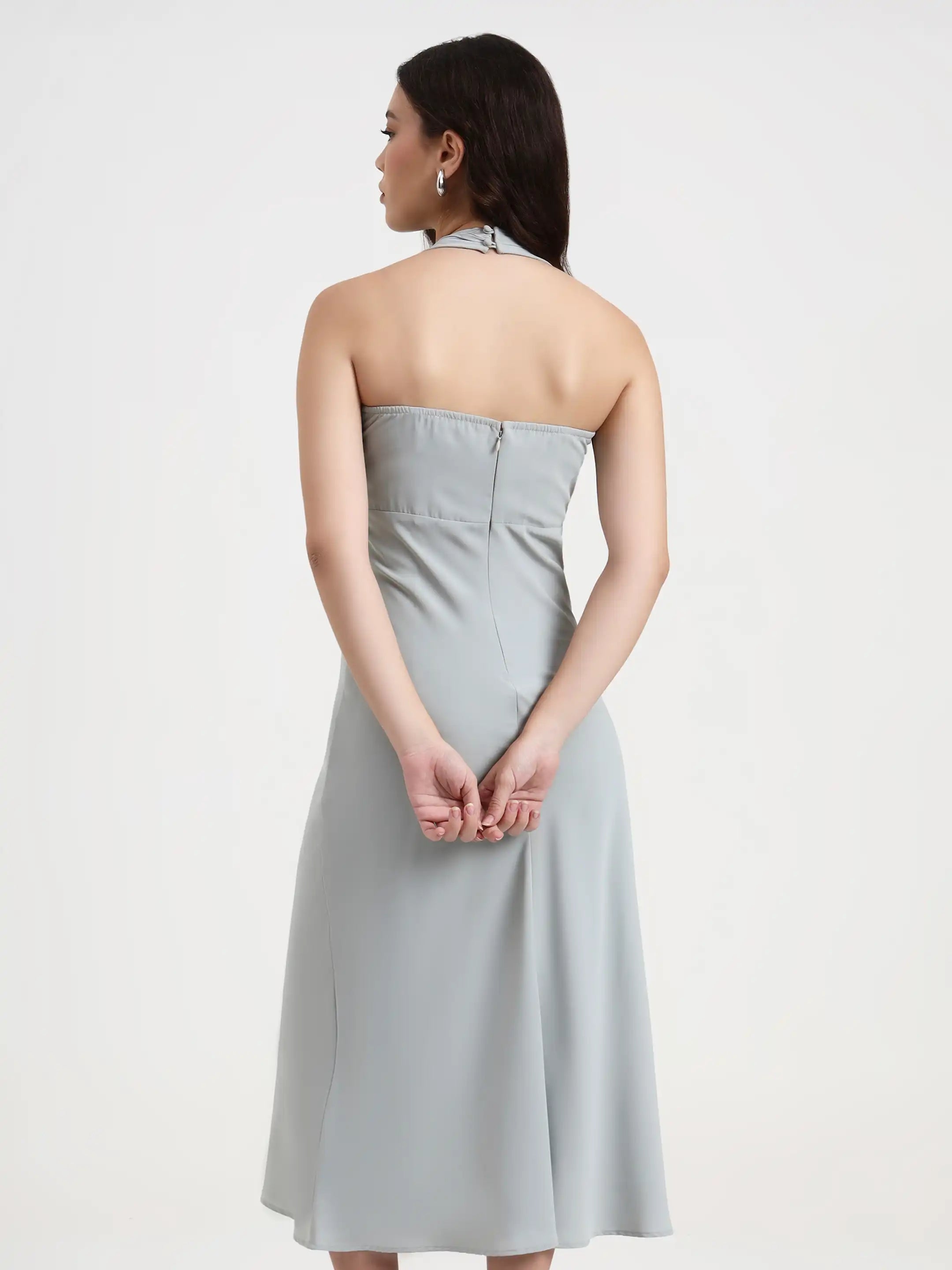 Long Pleated Halter Dress - Cloud Blue