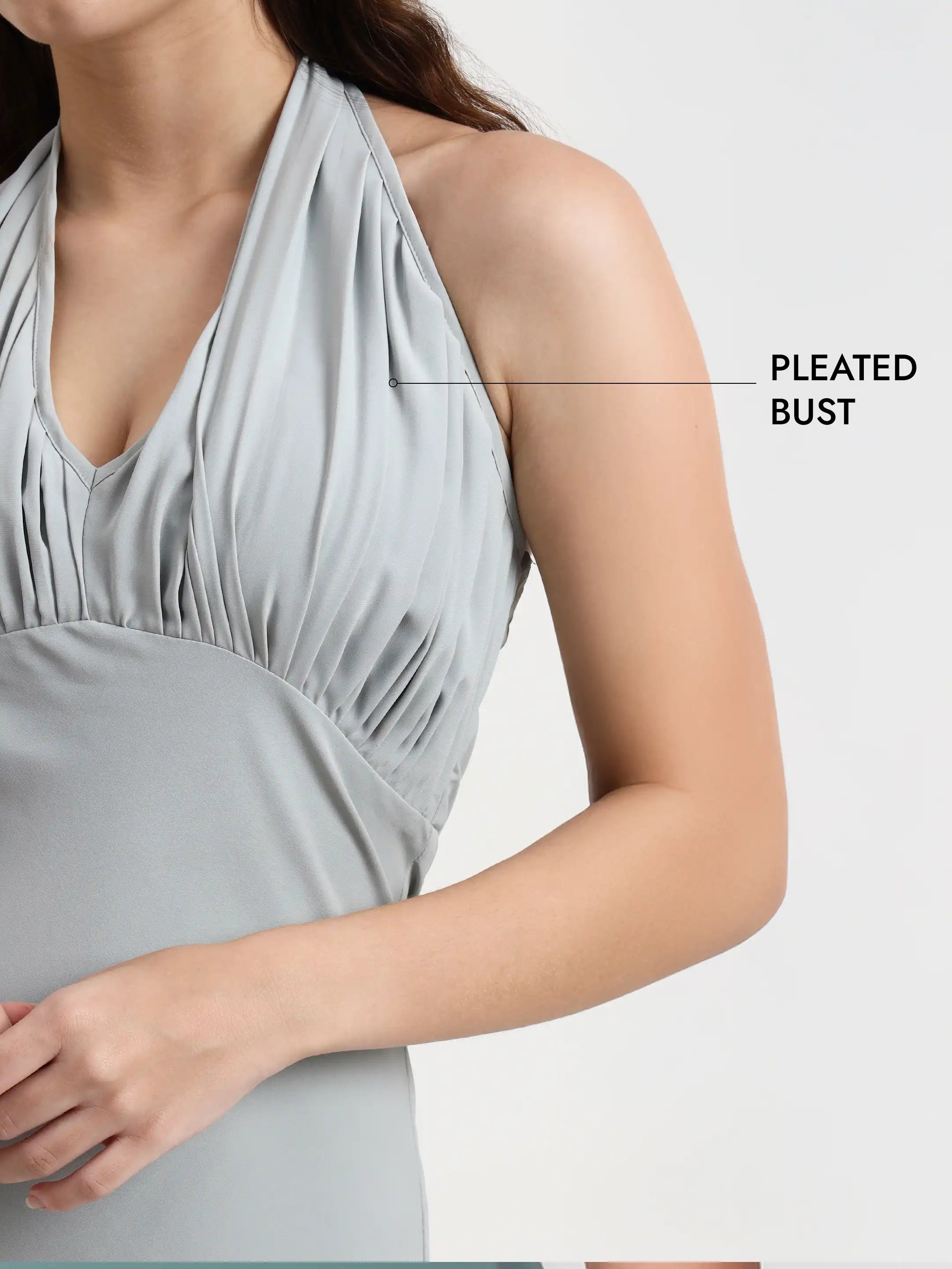 Long Pleated Halter Dress - Cloud Blue