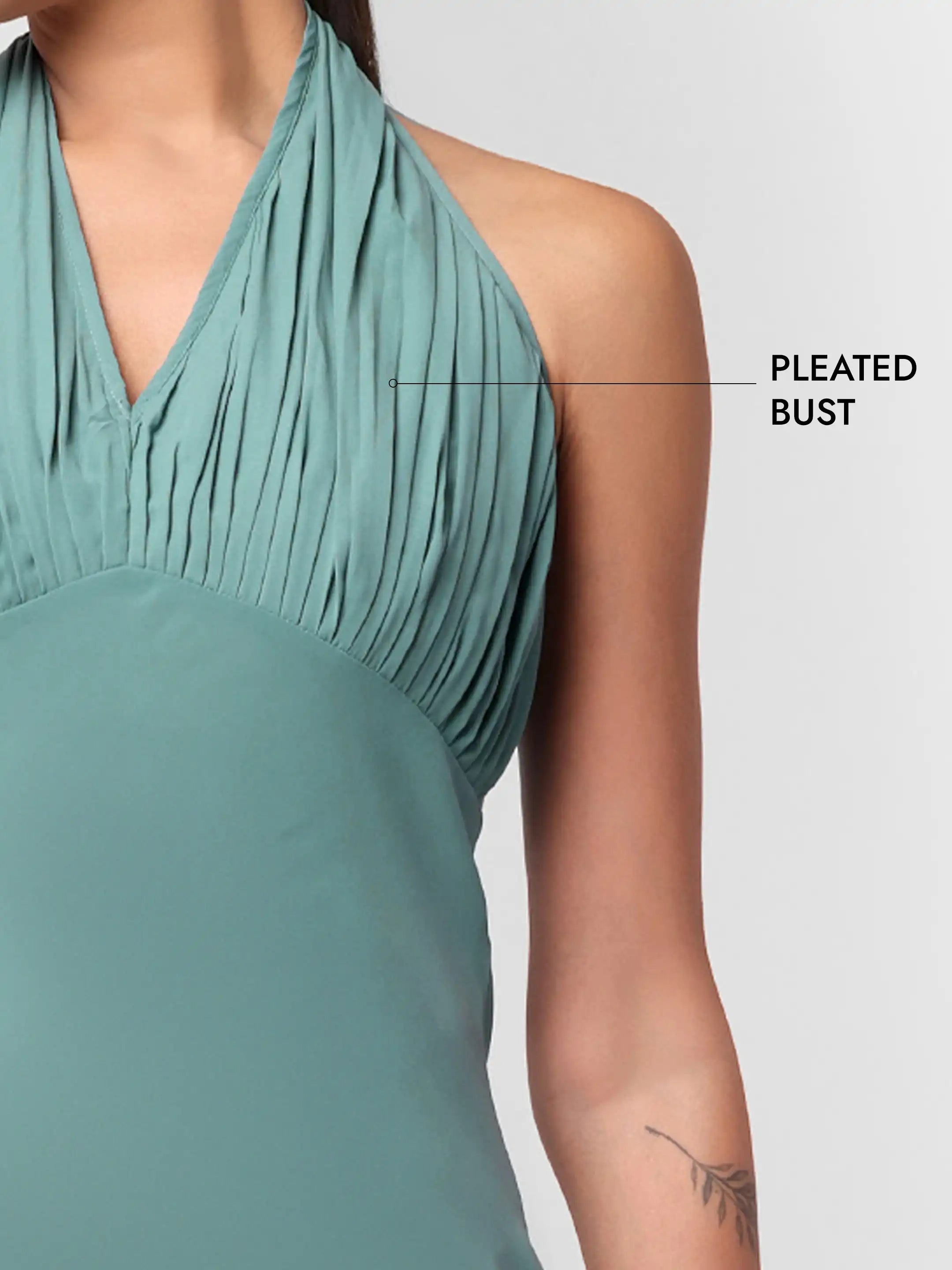 Long Pleated Halter Dress - Sage Green