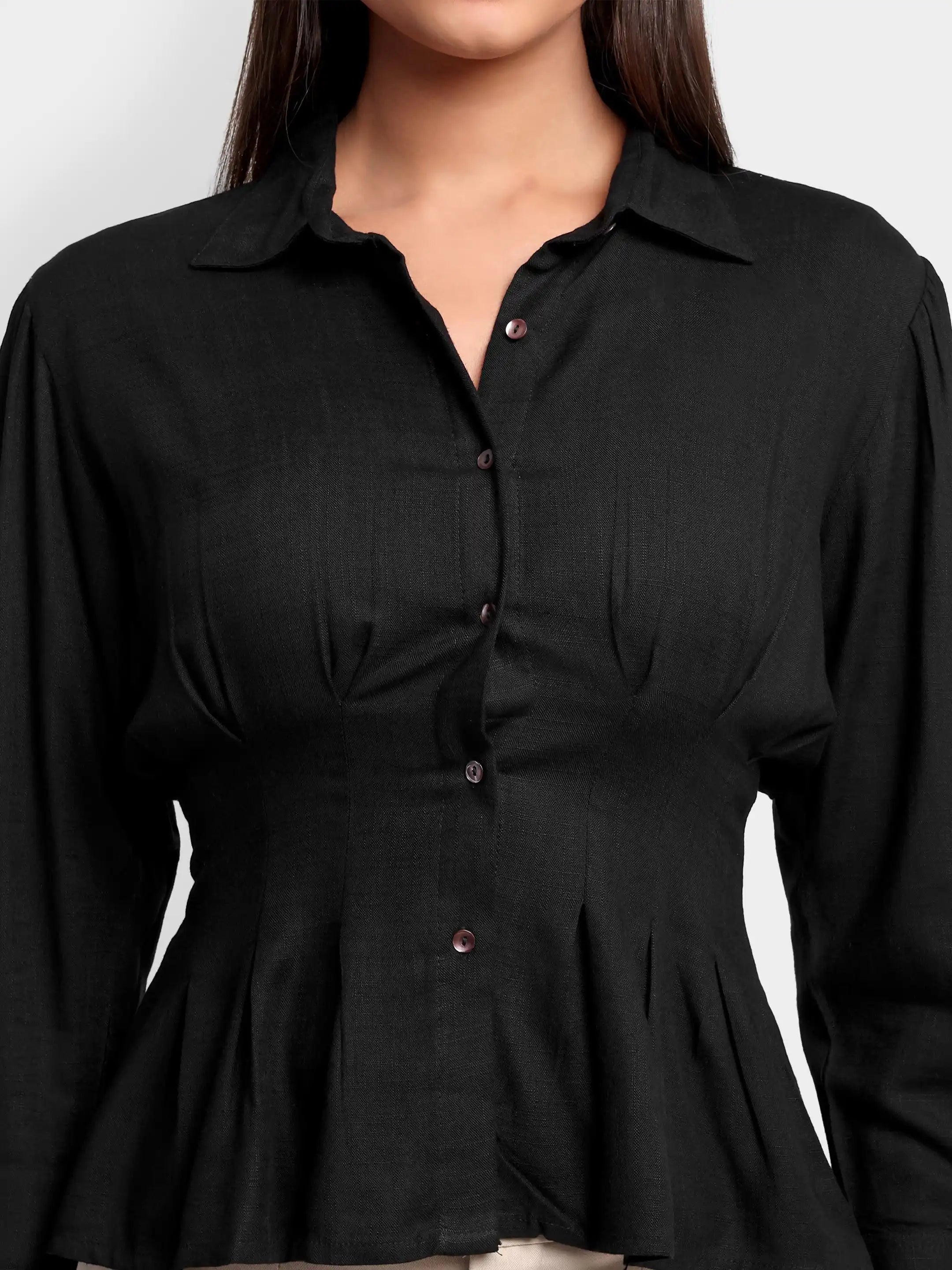 Darted Puff Linen Shirt - Black
