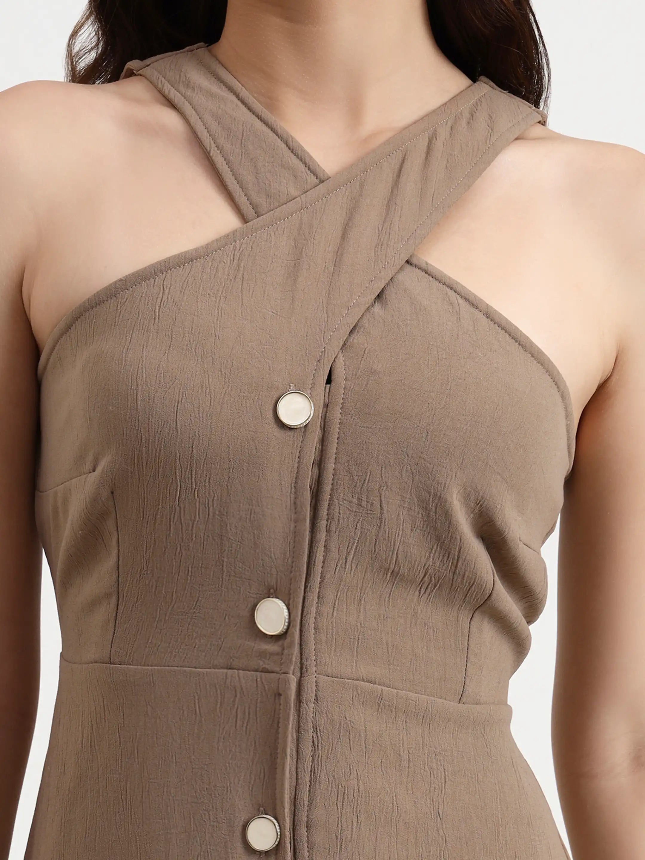 Slit Halter Shirt Dress - Mocha Brown