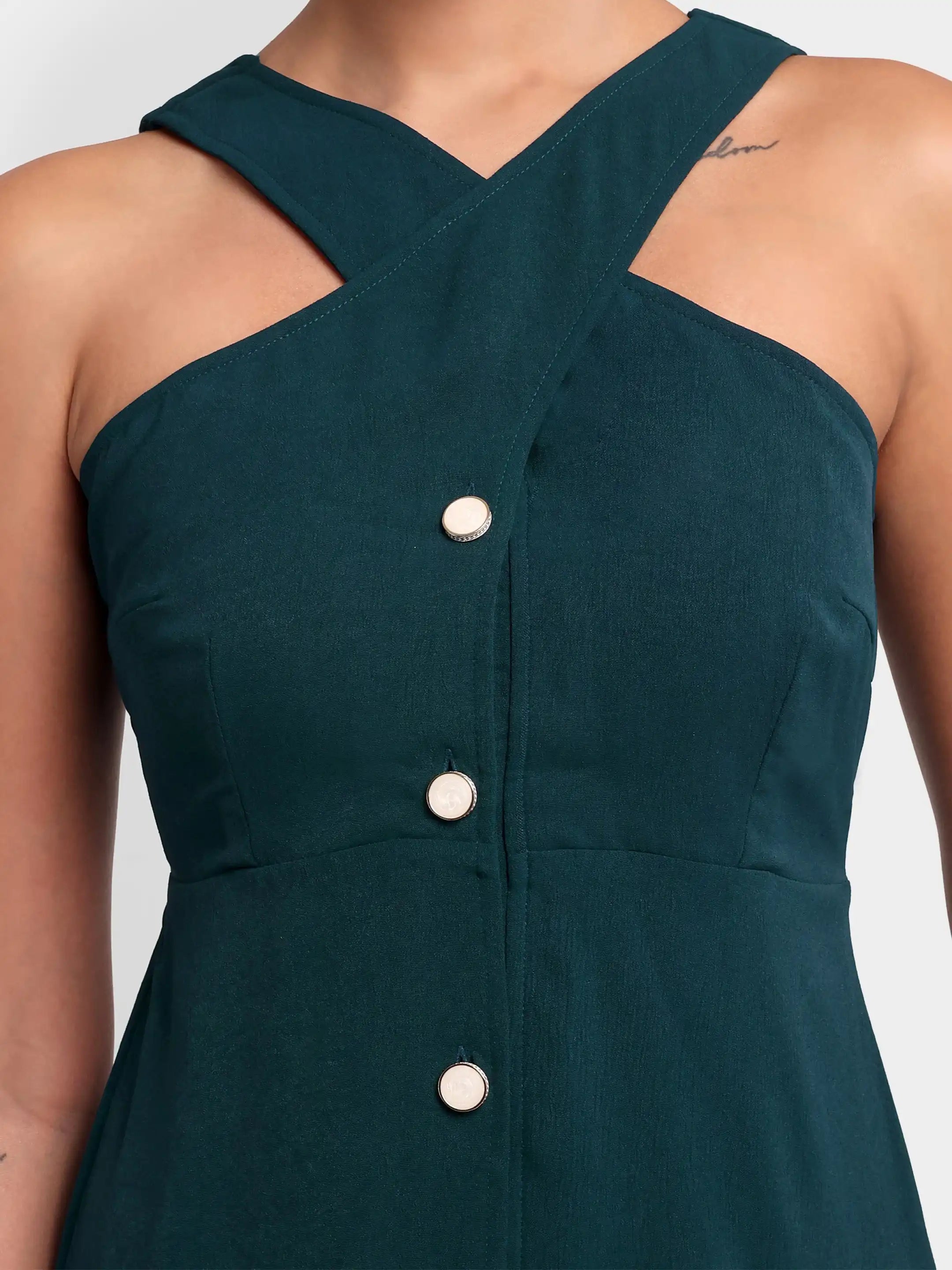 Slit Halter Shirt Dress - Teal