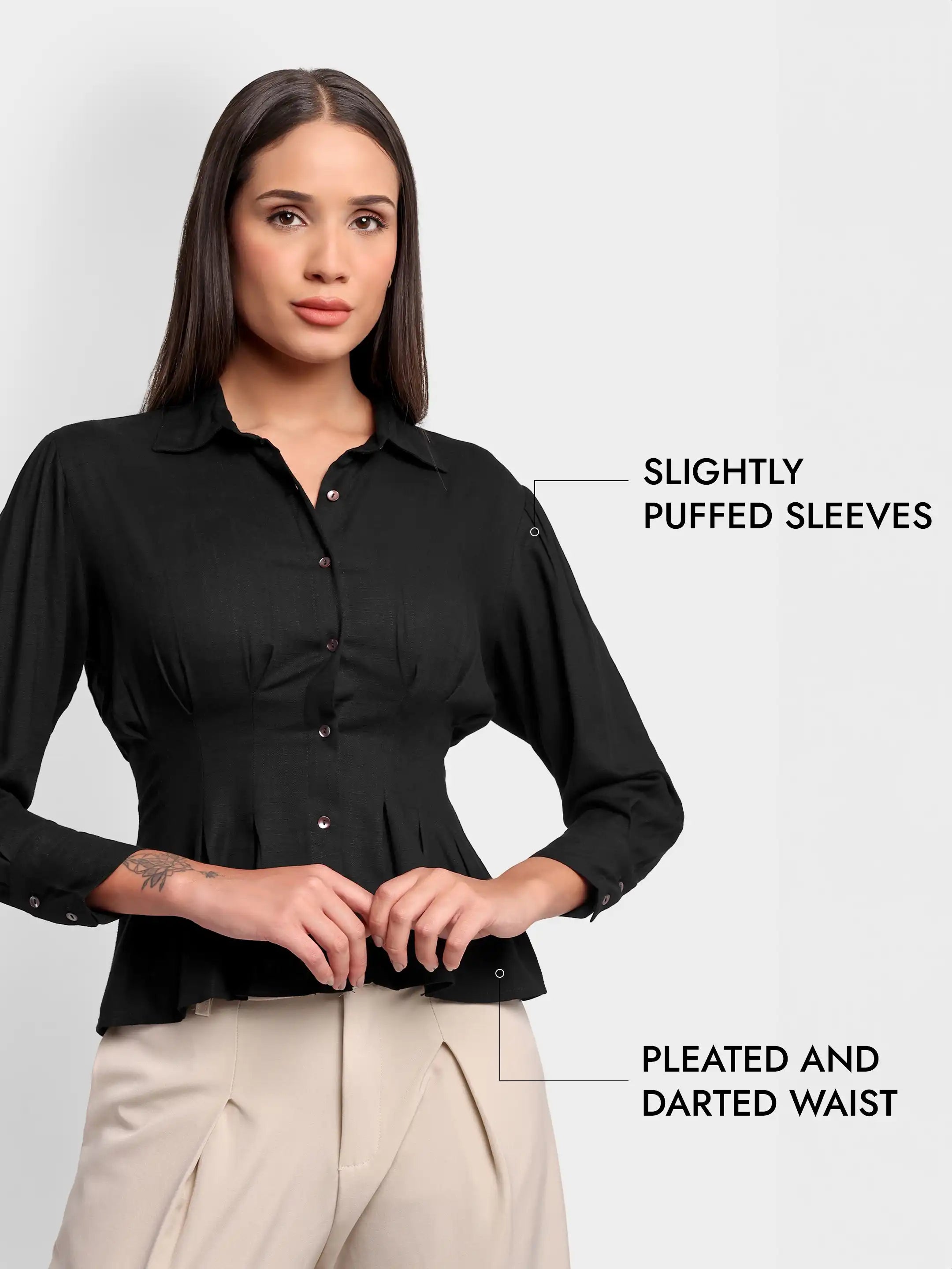 Darted Puff Linen Shirt - Black
