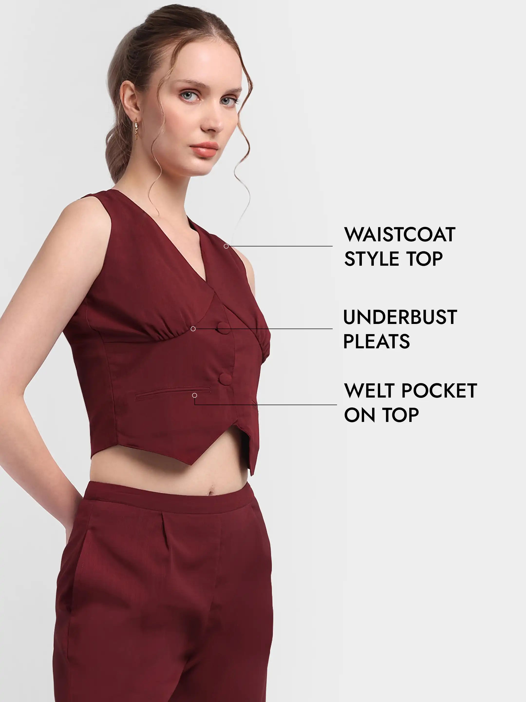 Pleated Waistcoat Set - Maroon