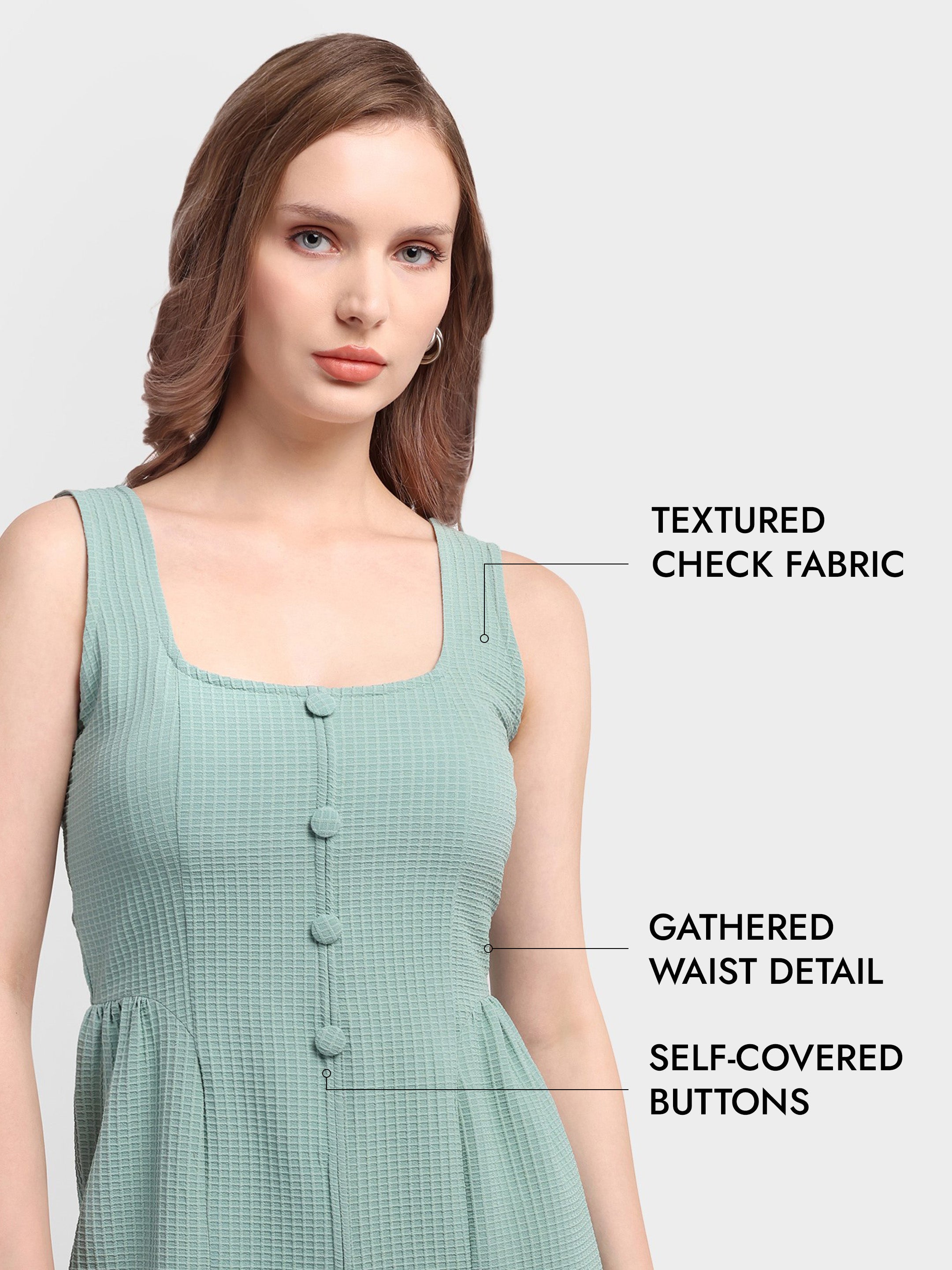 Checked Gathered-Waist Dress - Pastel Green