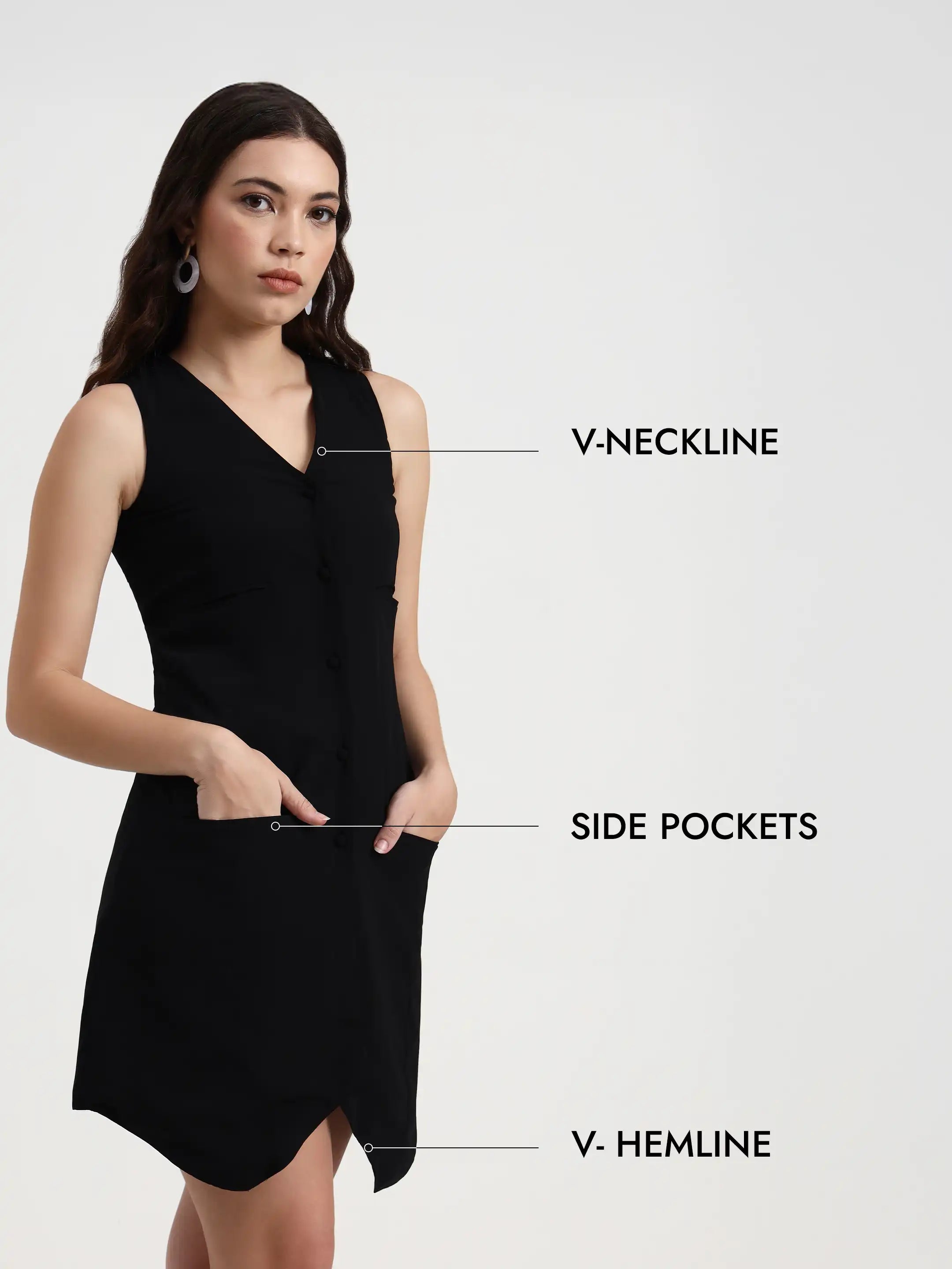 Asymmetric Button Mini Dress - Black