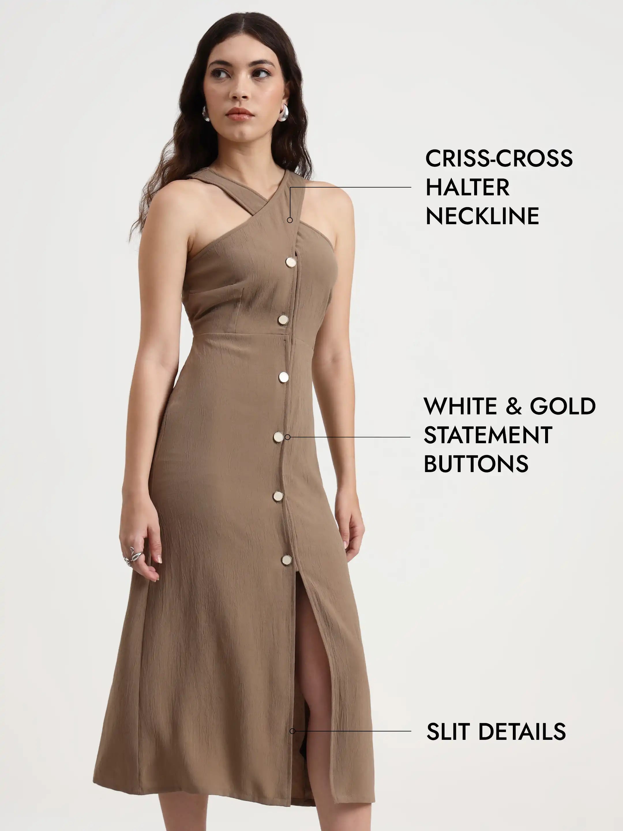 Slit Halter Shirt Dress - Mocha Brown