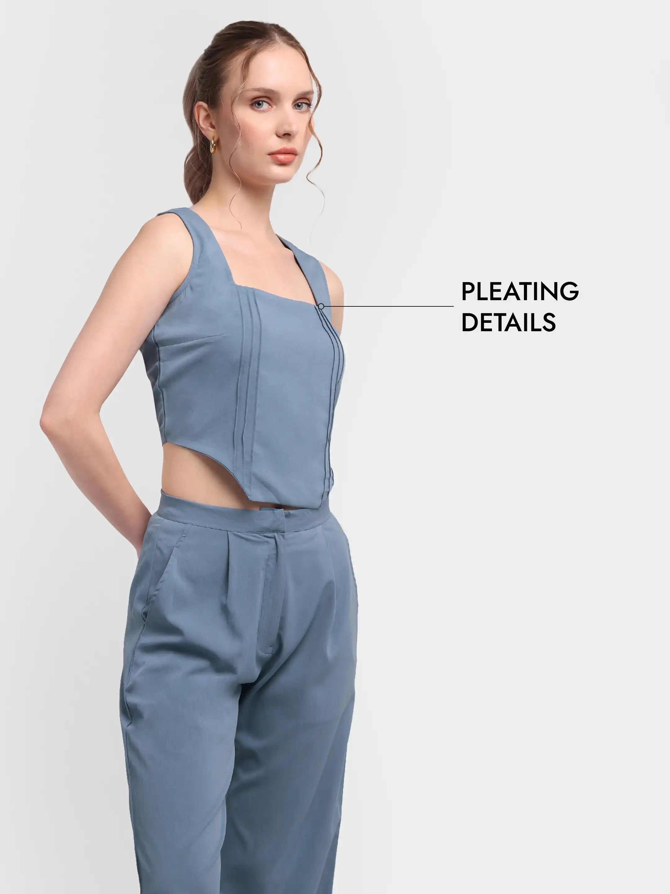 Pleated Corset-Hem Set - Pastel Blue