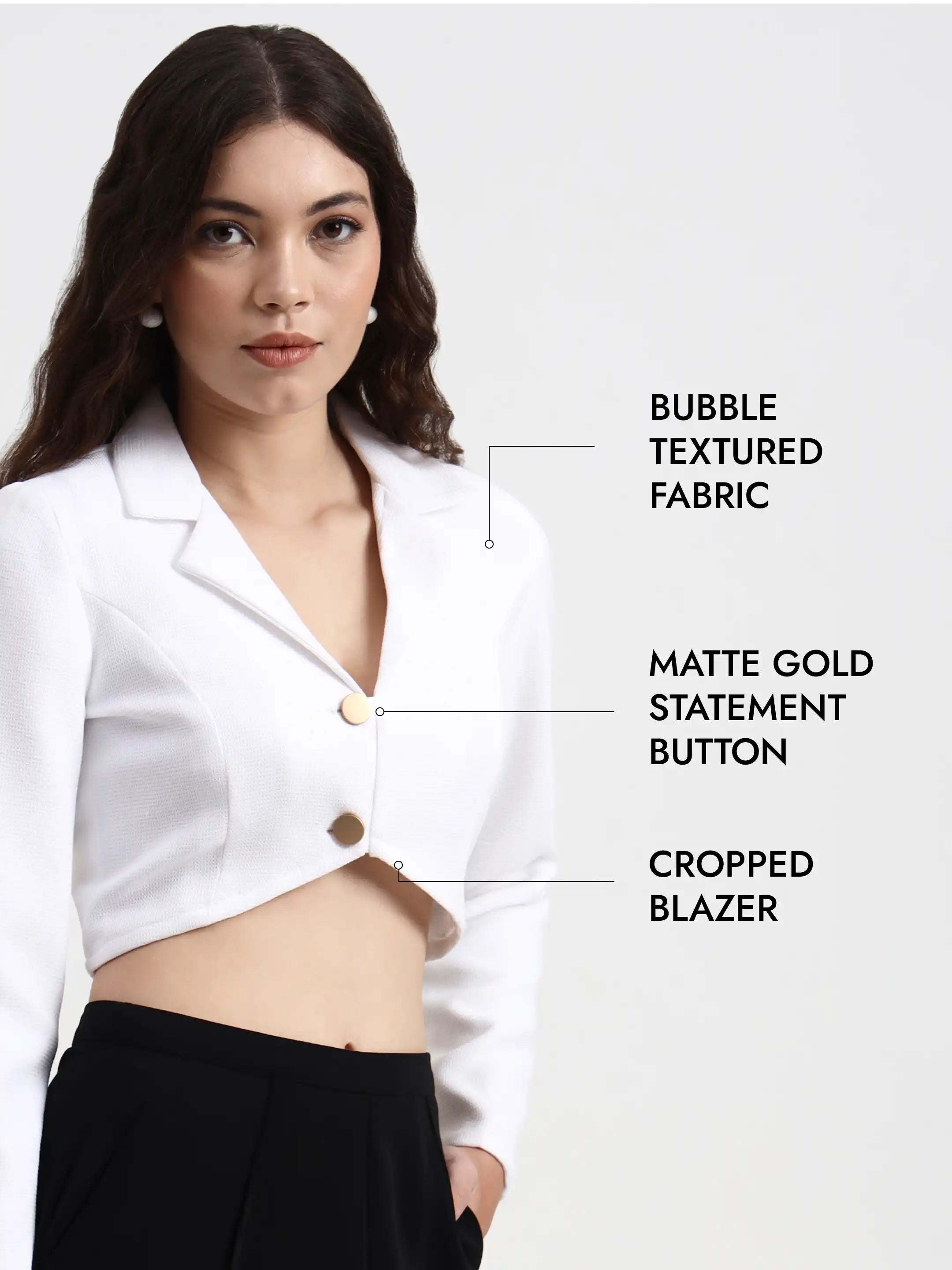 Curved Hem Crop Blazer - White