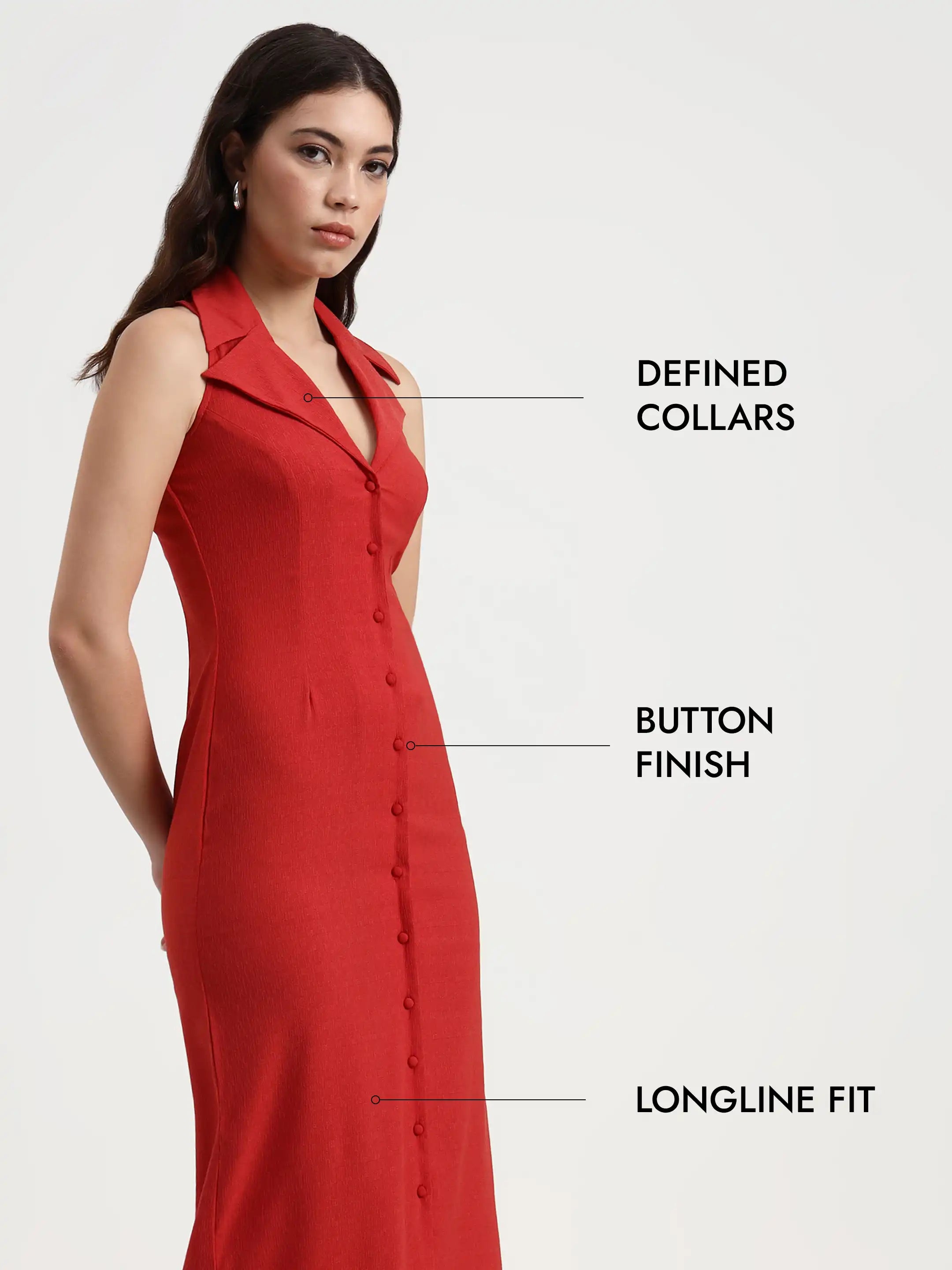 nahla red drop waist midi dress with buttons Tailored Button-Down Midi Dress
