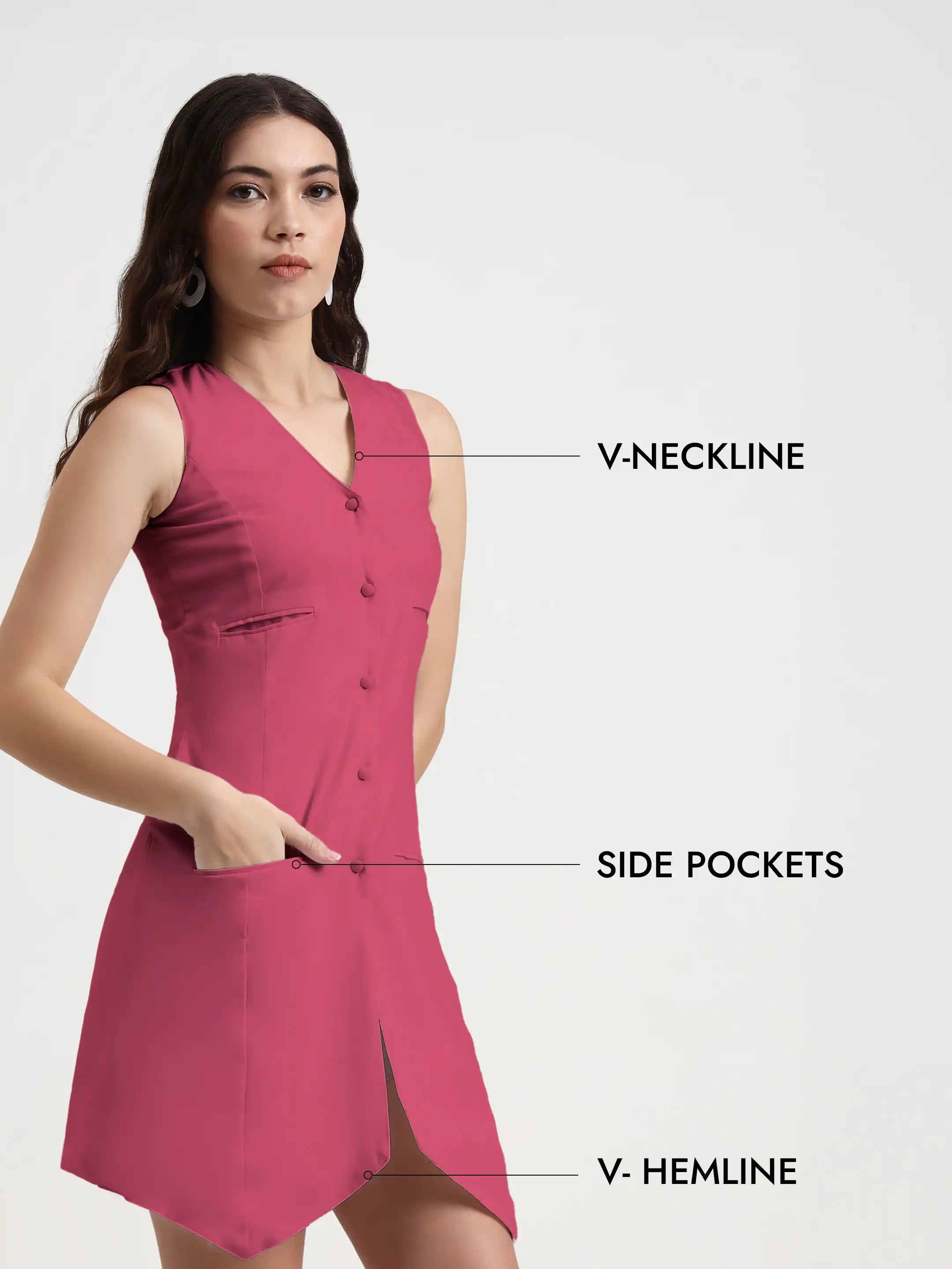 Asymmetric Button Mini Dress - Pink