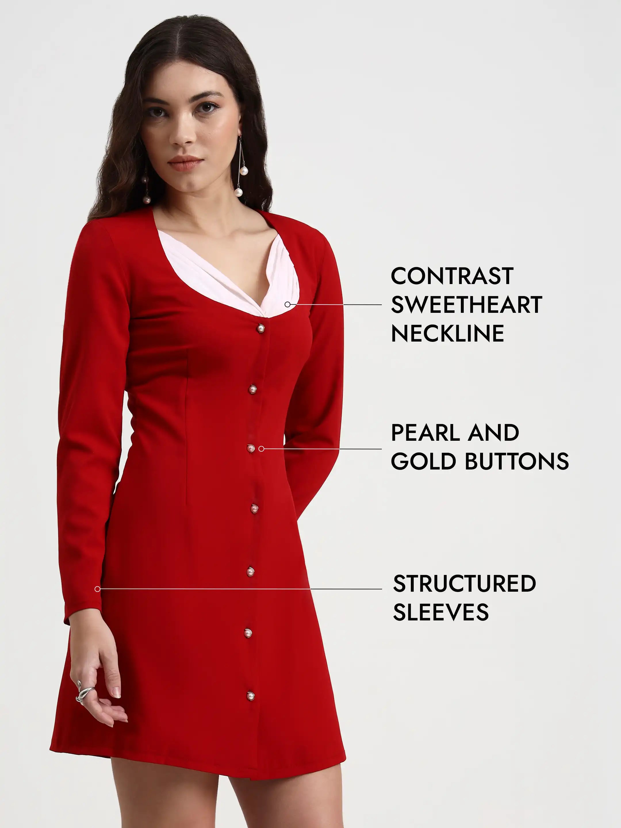 Button-Front Contrast Dress Red