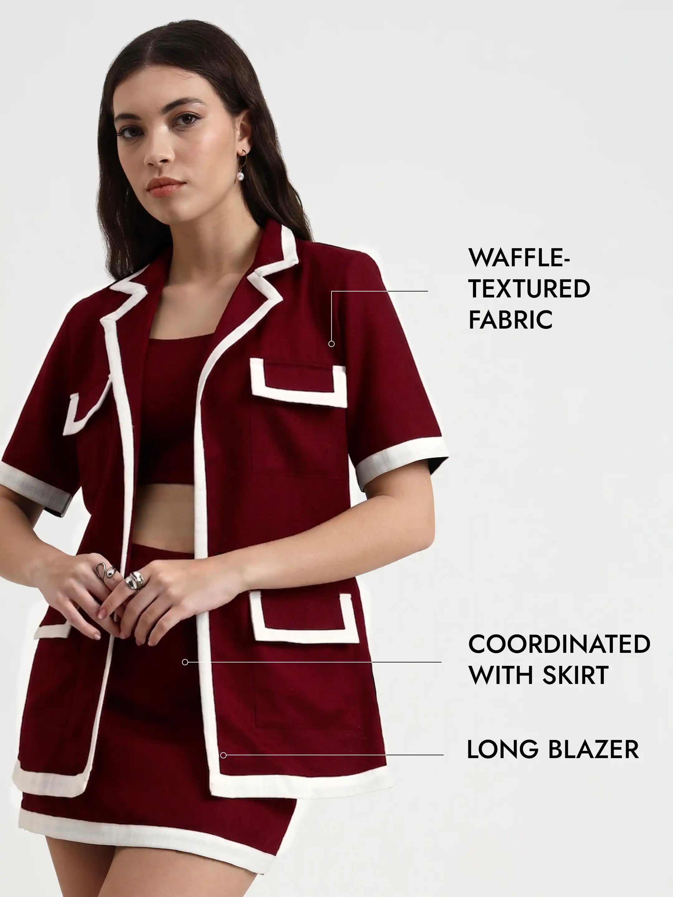 Trim-Detail Blazer Set - Maroon