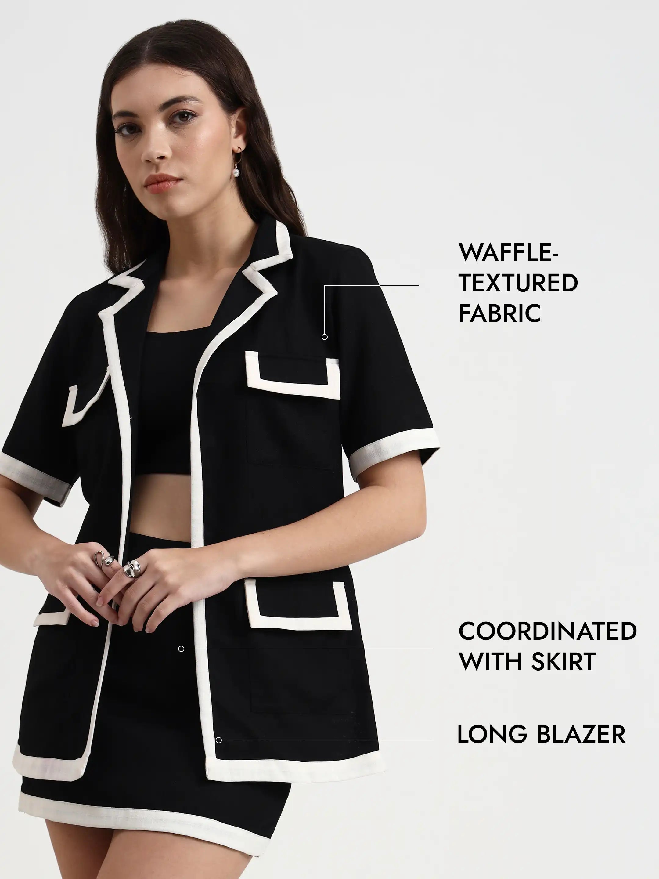 Trim-Detail Blazer Set - Black White
