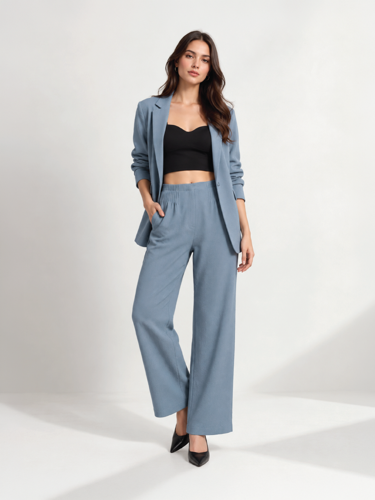 Bubble-Weave Tailored Pants - Pastel Blue
