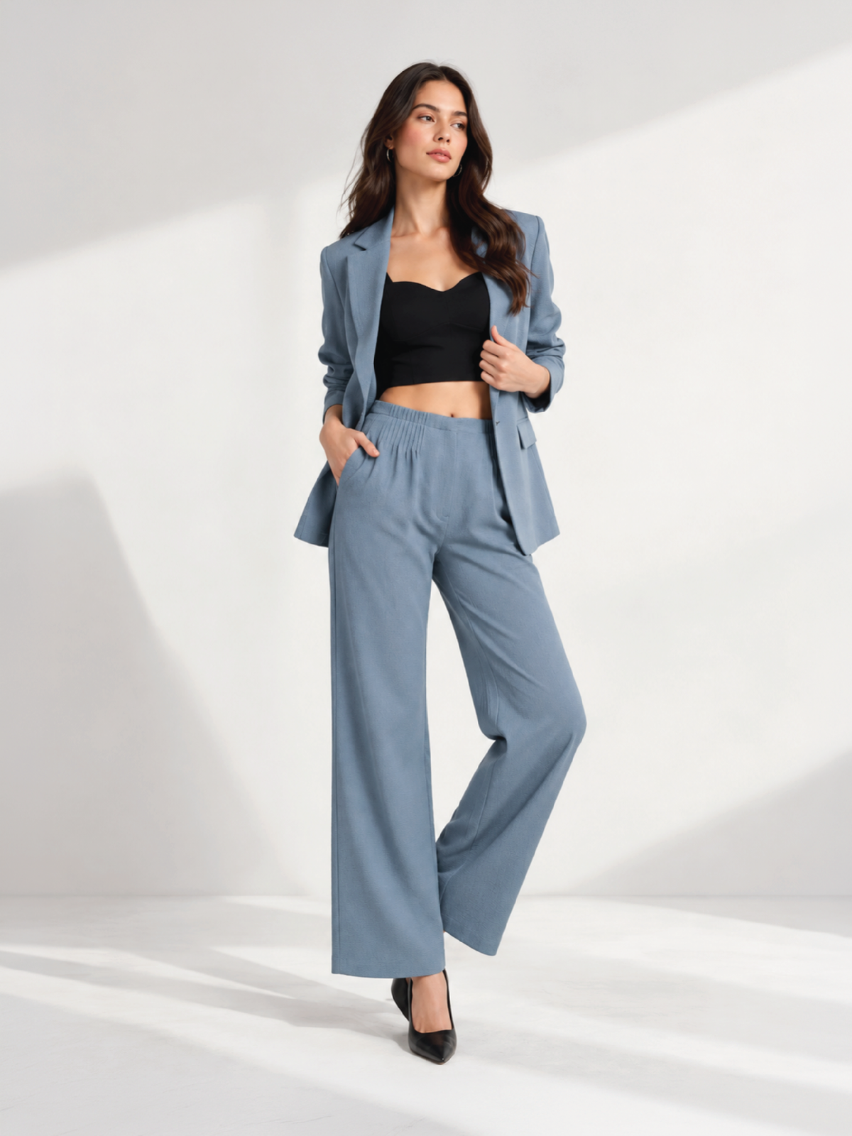 Bubble-Weave Tailored Pants - Pastel Blue