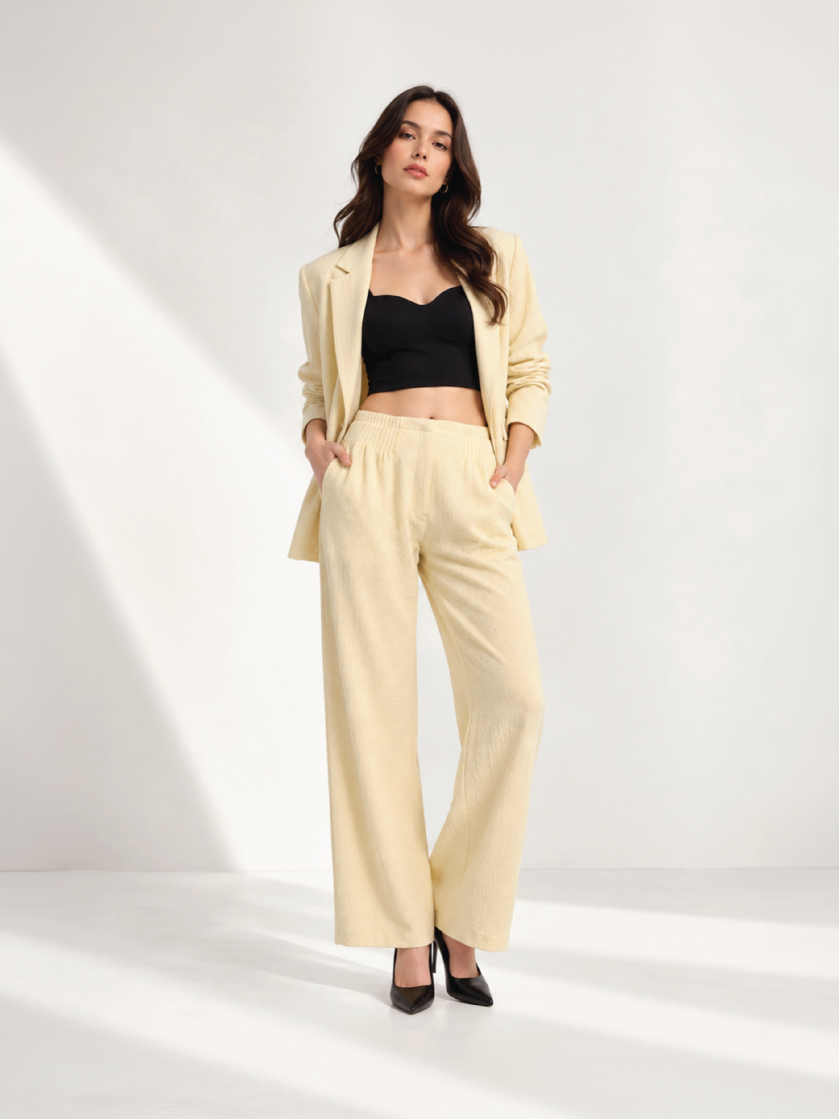 Bubble-Weave Tailored Pants - Beige