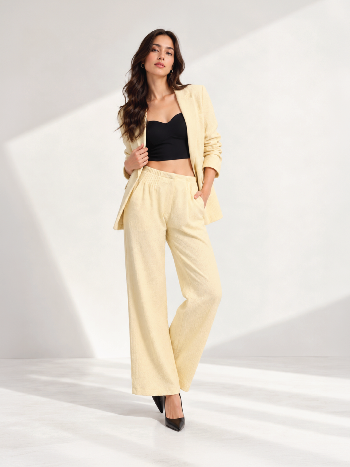 Bubble-Weave Tailored Pants - Beige