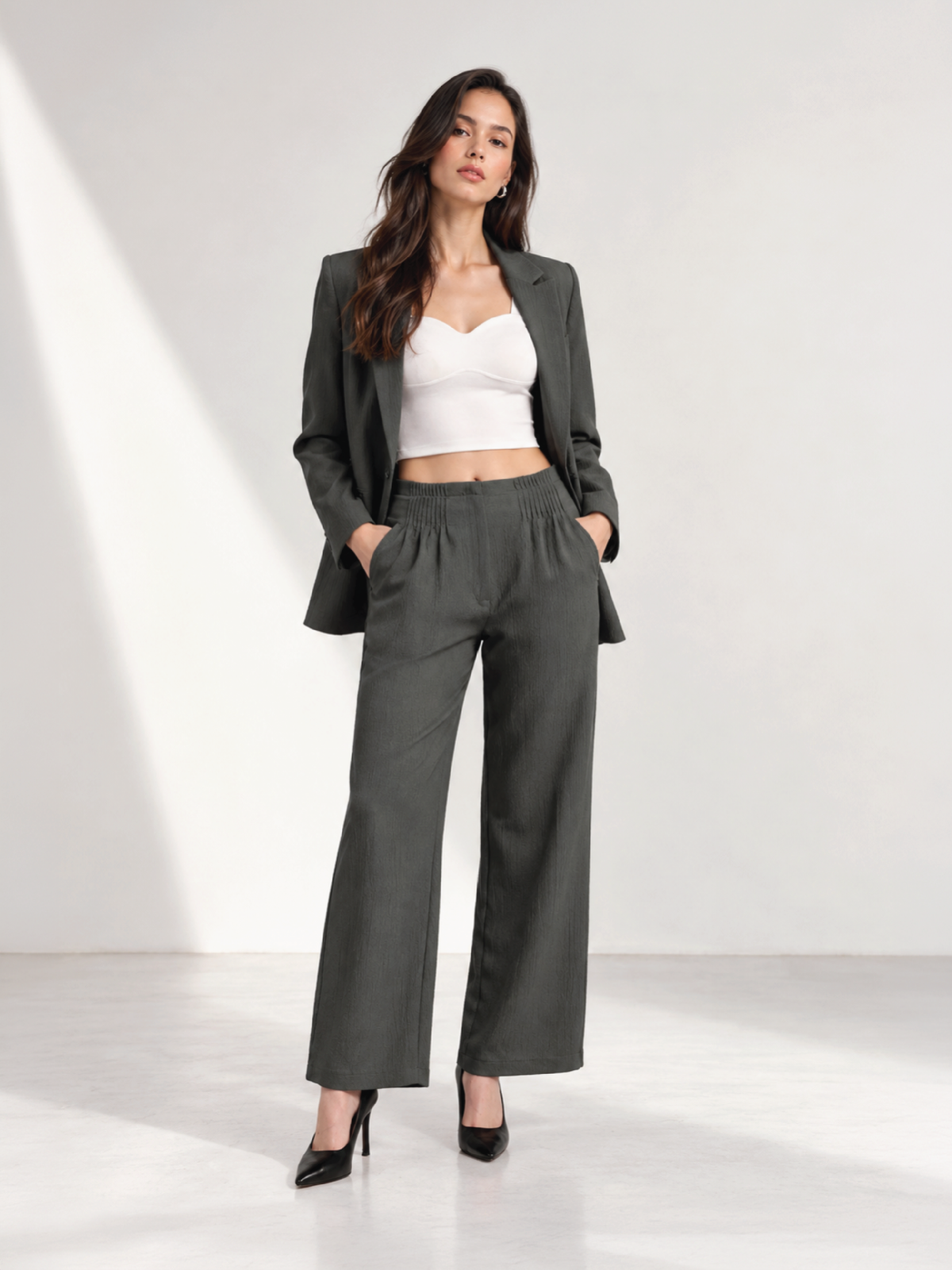 Bubble-Weave Tailored Pants - Dark Grey