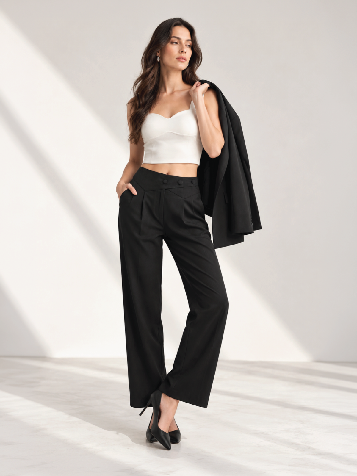Belted Overlap Trousers - Black
