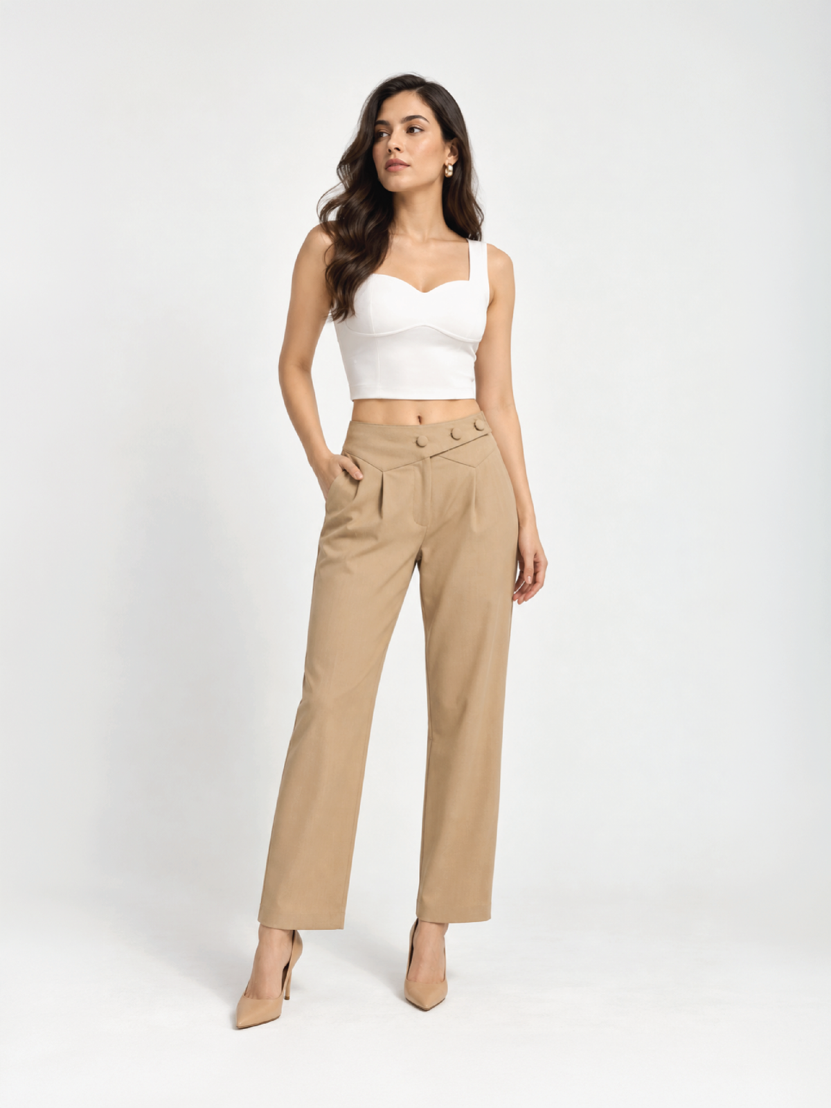 Belted Overlap Trousers - Beige