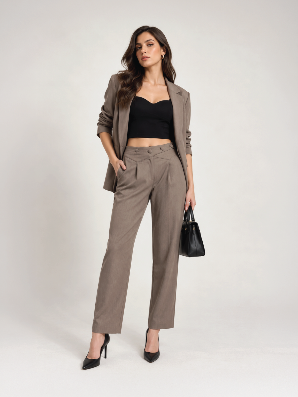 Belted Overlap Trousers - Pastel Brown