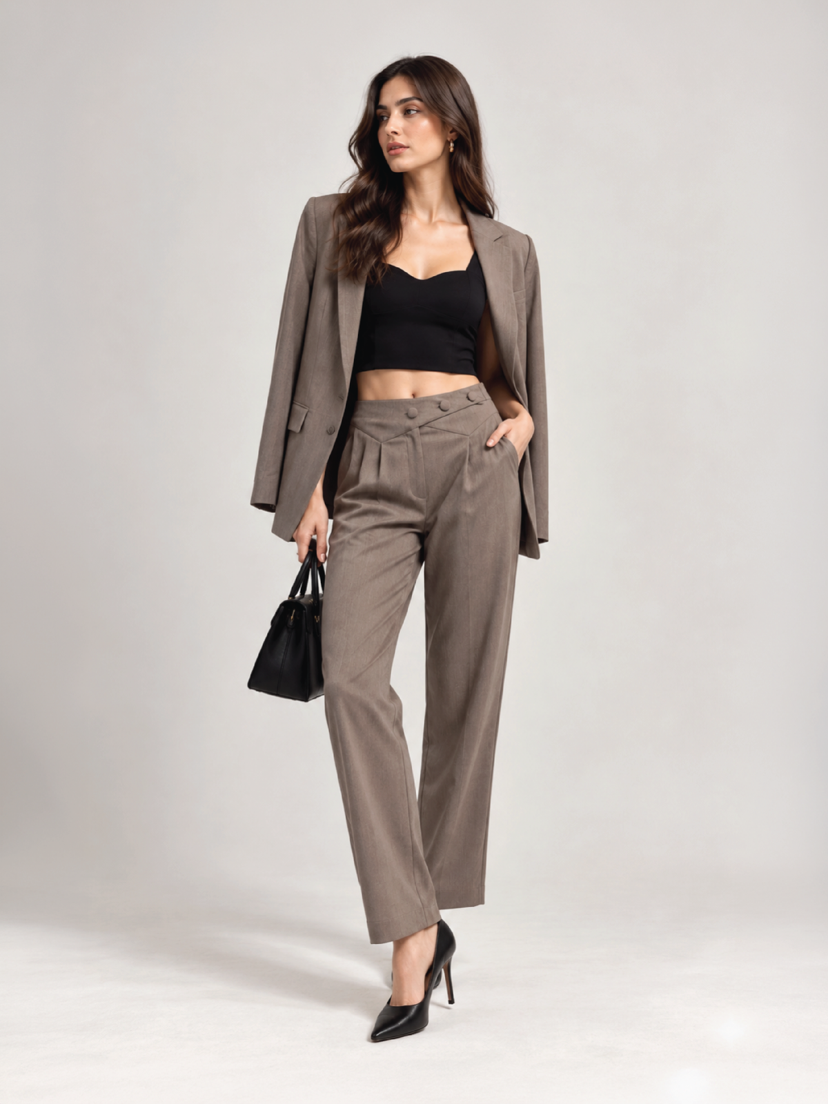 Belted Overlap Trousers - Pastel Brown